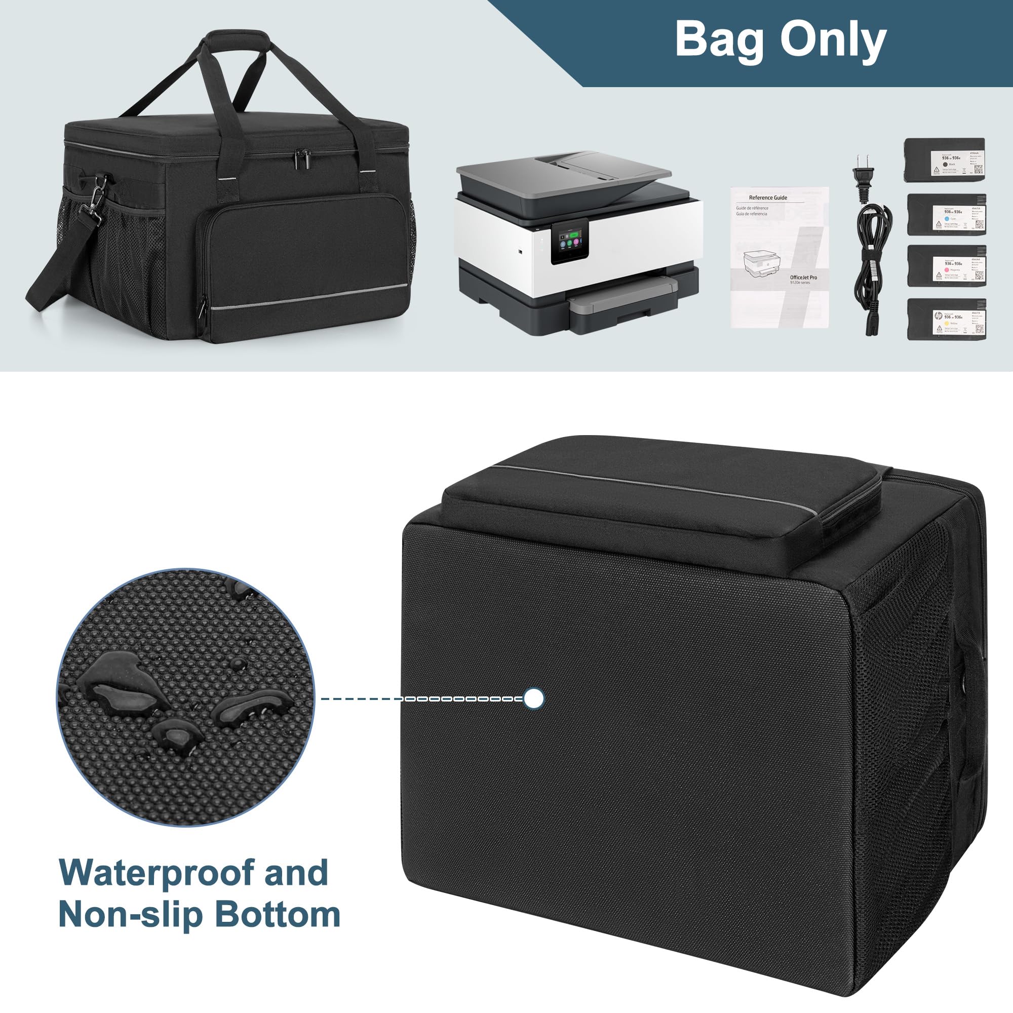 Yarwo Custodia Trasporto per Stampante Compatibile con HP OfficeJet Pro/DeskJet/Smart-Tank/Epson EcoTank, Borsa Rimboccata con Base Rigida & Divisori per Inchiostro, Carta & Articoli da Ufficio