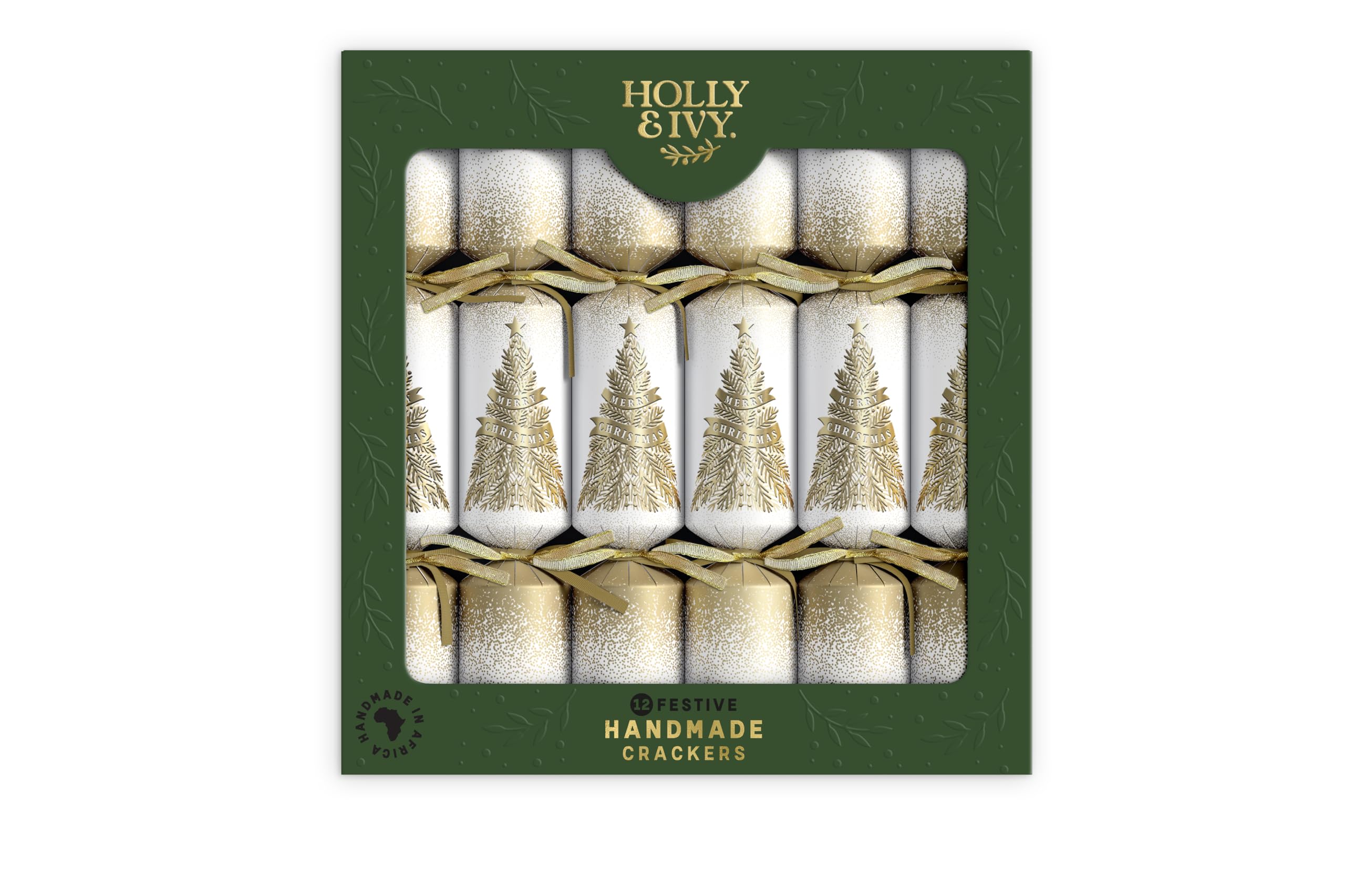 Holly & Ivy Multicolor Holly And Ivy Festive Christmas Crackers – Gold Trees Design – 12 Inch Handmade Crackers With Hats Jokes And Gifts – Box Of 12