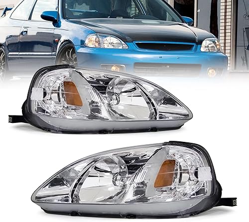 AS Conjunto de faros delanteros para Honda Civic 99 00 compatible con Honda Civic EK EX EL234 1999-2000 con carcasa cromada, reflector ámbar para