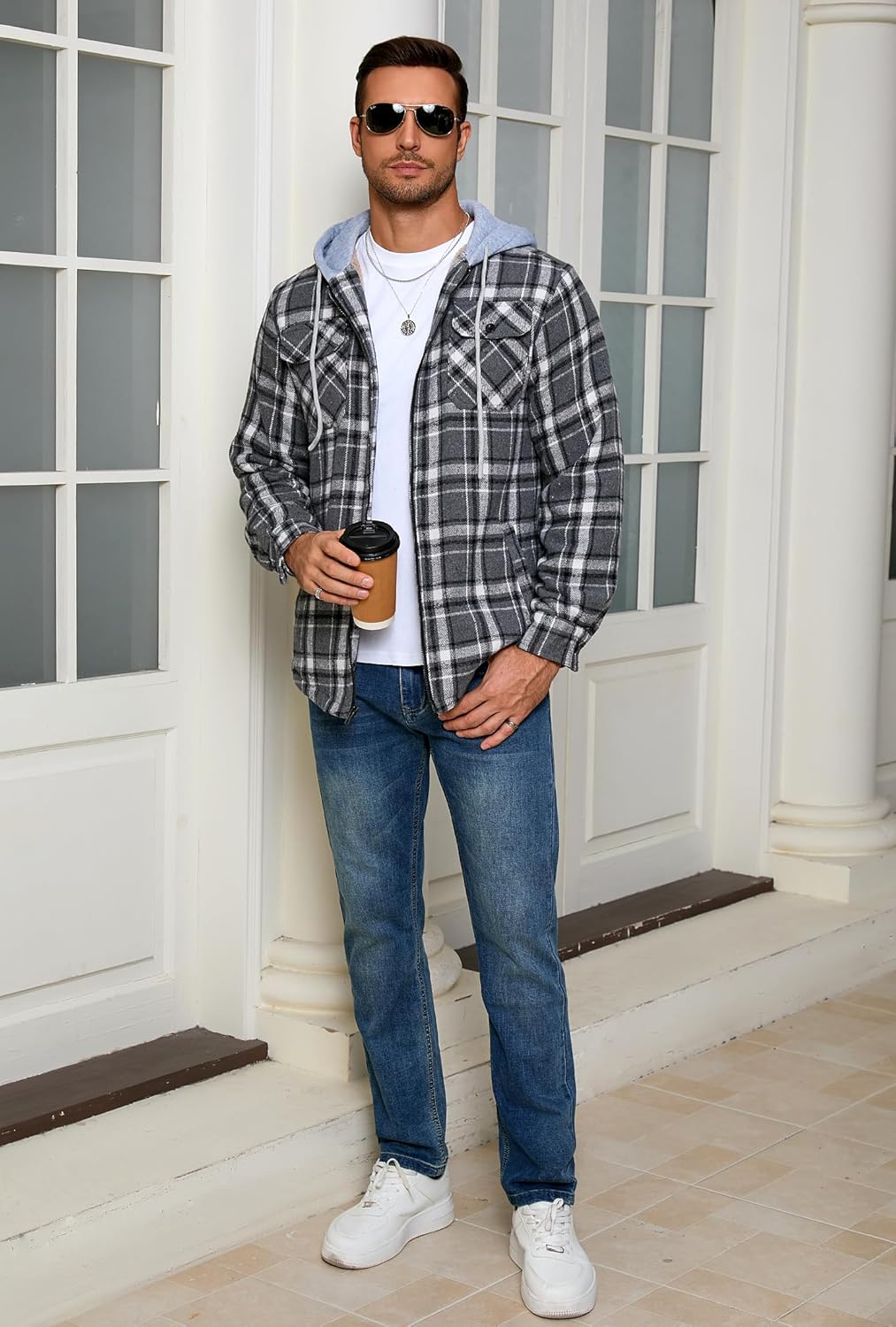 Men's Full Zip Sherpa Lined Flannel Jacket Fleece Hooded Plaid Jacket with Hood for Men - Image 2