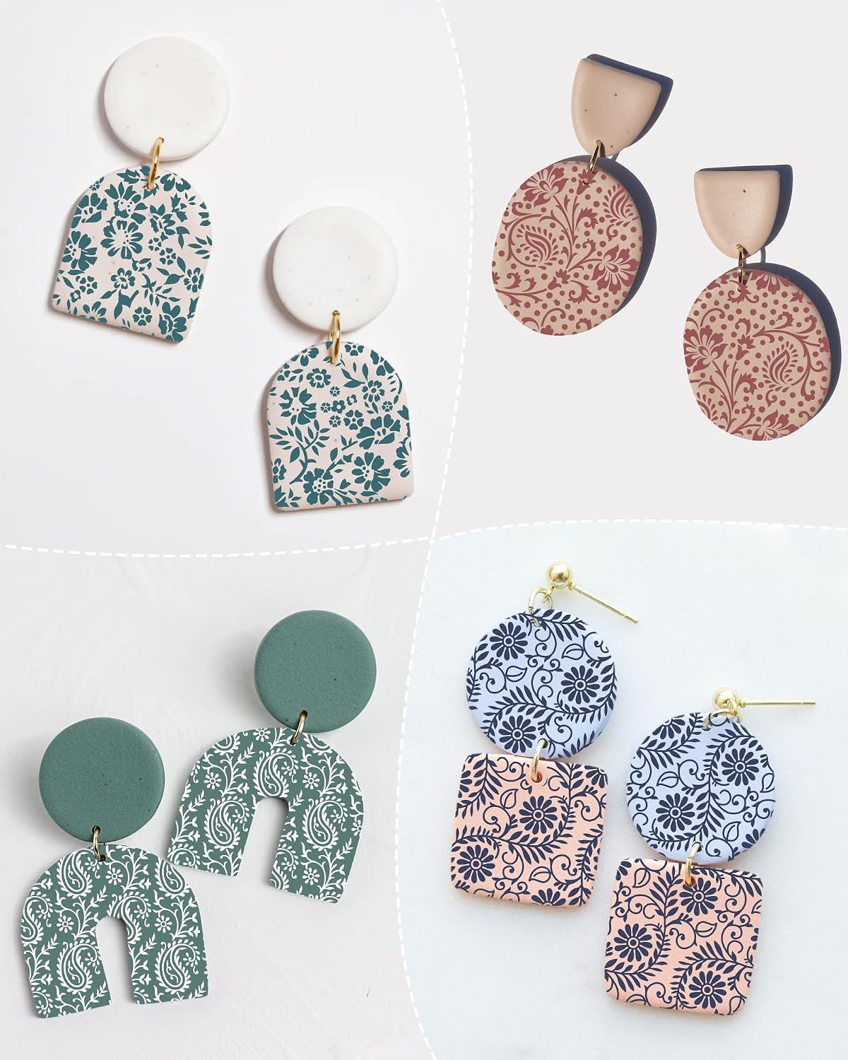 Puocaon Flower Clay Silk Screen - 6 Pcs Reusable Silk Screen Stencils for Polymer Clay Jewelry, Leaves Plant Polymer Clay Silk Screen Stencils for Earrings, Paisley Clay Silk Screen Stencils