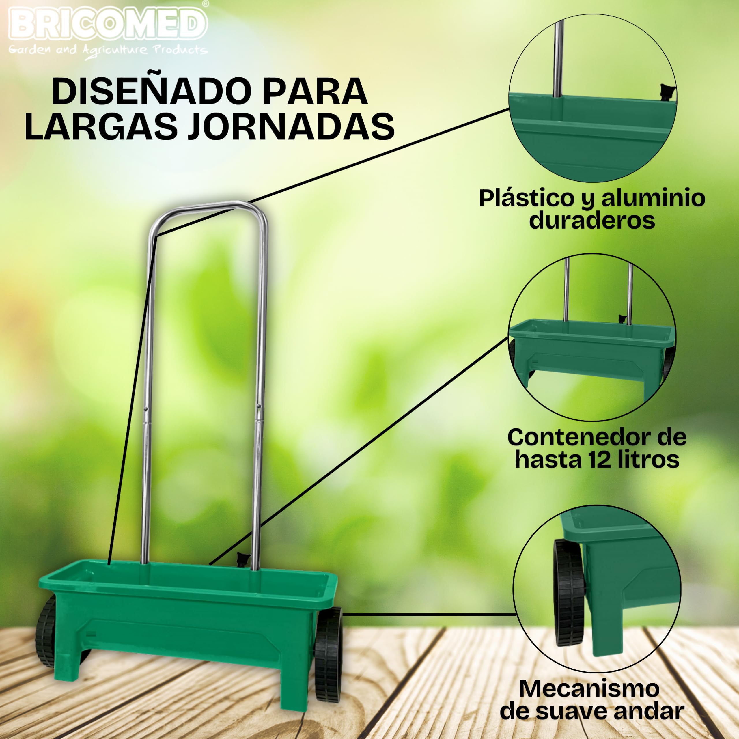 Carro sembrador 12 litros Cabezal de esparcimiento de 50cm. Ideal para abonar, sembrar y fertilizar. Regulador de cantidad