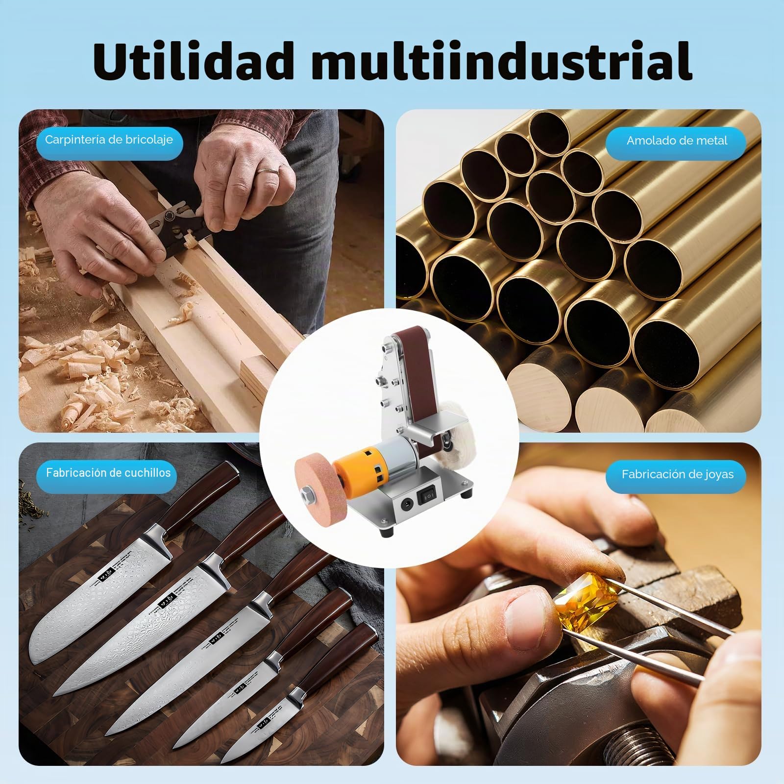 Mini lijadora de banda de 7 velocidades, lijadora eléctrica de cinturón, pulidor para madera, metal, lijadora de mesa portátil, 240V, con banda de lija amarilla, para trabajos de bricolaje en madera