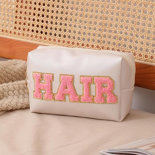 Miniatura 4 de uekeboag Bolsa de maquillaje de piel sintética con cremallera, bonitos parches de letras de chenilla, bolsa de aseo de viaje rosa para mujeres y