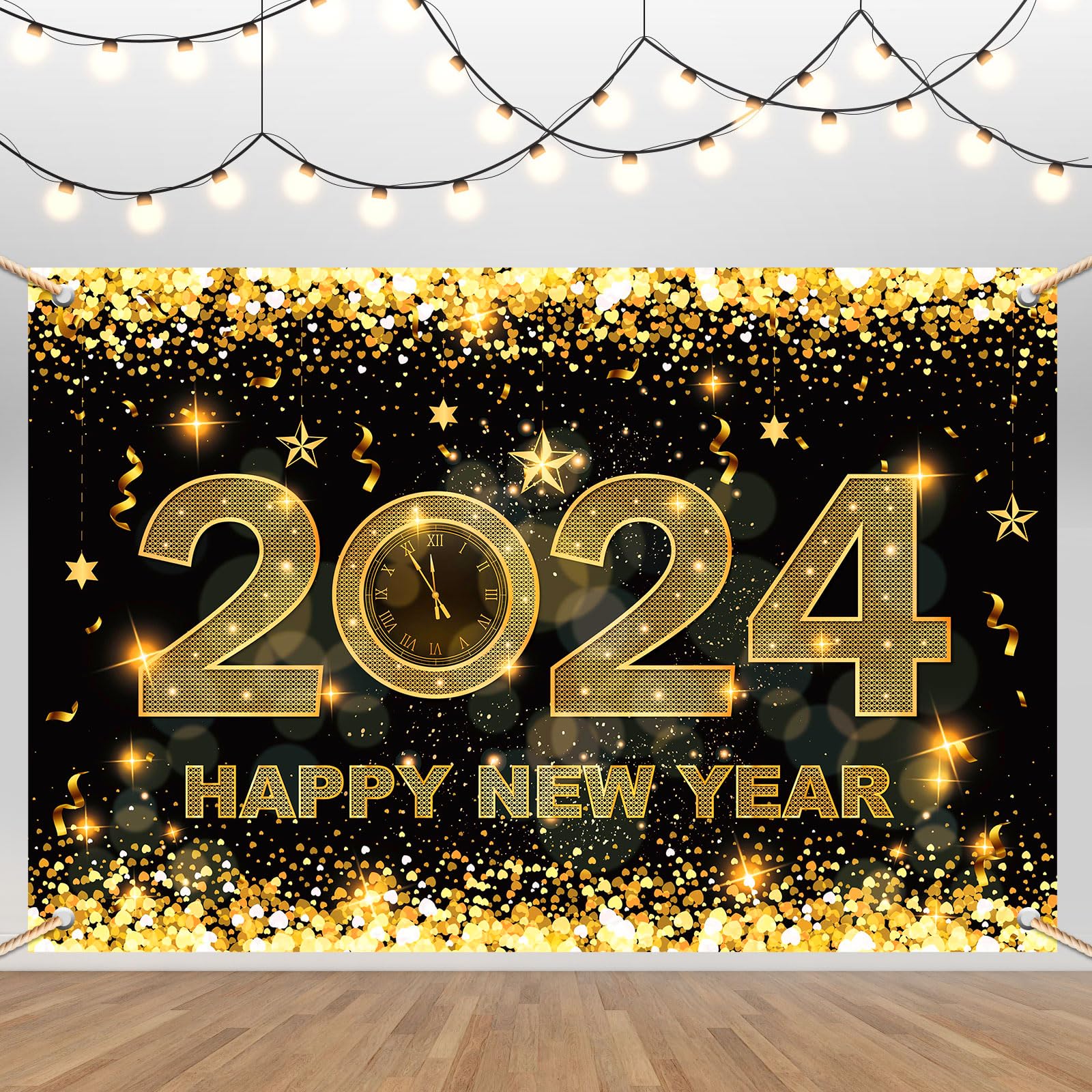 Happy New Year Banner 2024 5×3FT New Years Backdrop New Years Eve Party Supplies 2024 Happy New Year Decorations 2024 Black, Gold New Year Backdrop 2024 2024 New Year Photography Background Decoration