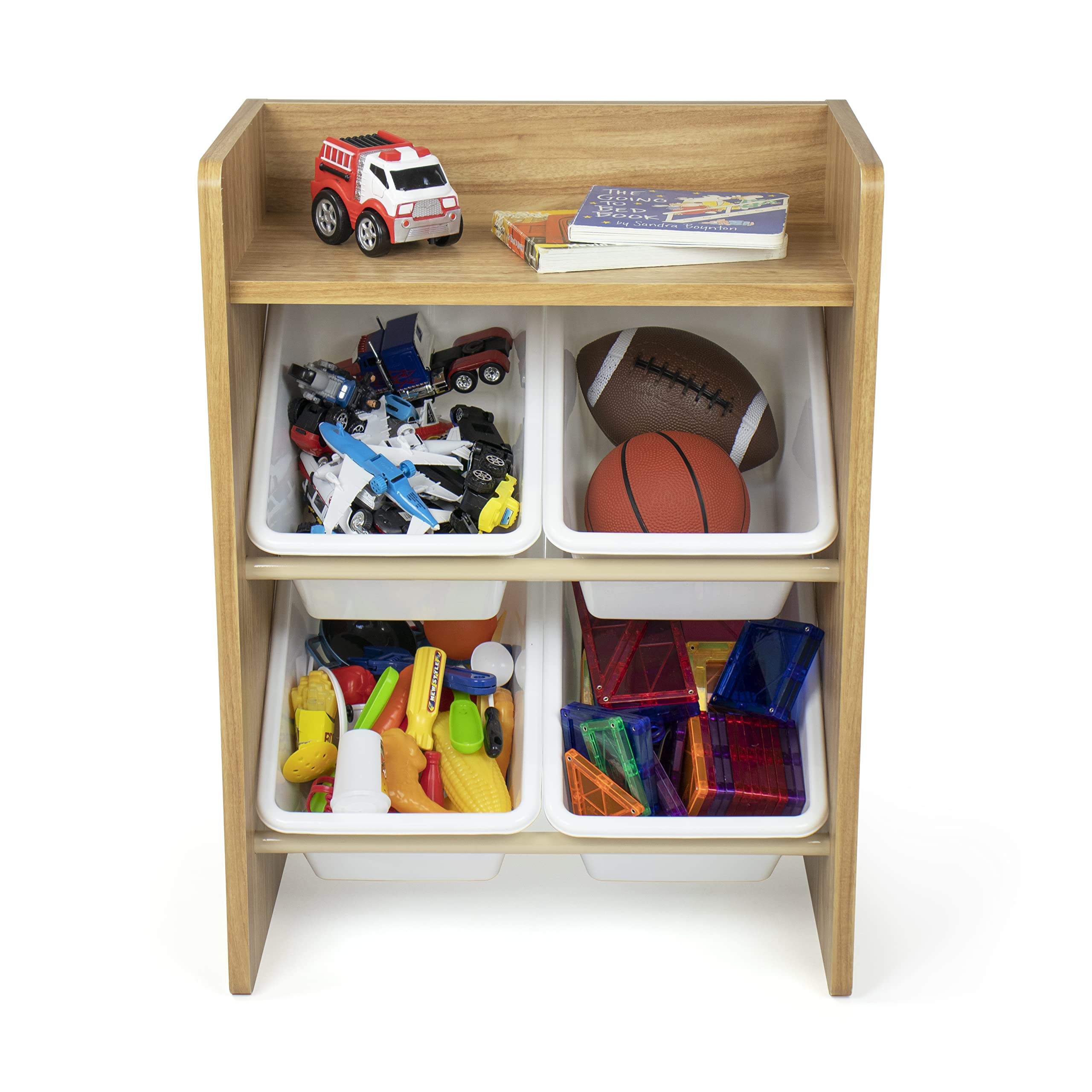 HumbleCrew Scaffale Bambini Compatto: Organizer Giocattoli con 4 Contenitori, Design Naturale/Bianco Elegante, Ideale per Camerette Stile e Ordinate