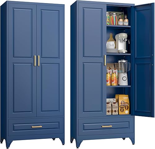 Miniatura 14 de Armario de almacenamiento de metal de 71 pulgadas de alto, armarios de almacenamiento de despensa de cocina con puertas y 4 estantes, armario de