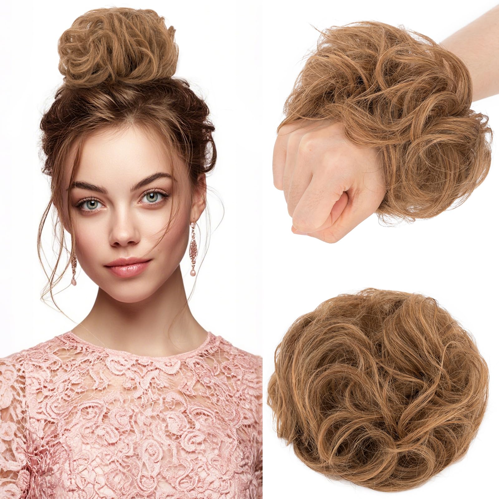 Elailite Human Hair Bun Scrunchie Messy Hair Piece Real Hair Covered Donuts Updo Chignon For Women - #6R Light Brown
