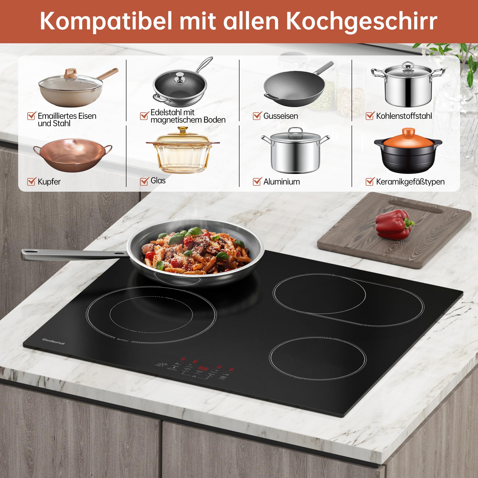Kochfeld, Glaskeramikkochfeld 60 cm mit 4 Platten, 6,6 kW, Bräterzone, Dualkochzone, 9 Heizstufen, Timer, Automatische Abschaltung, Kindersicherung, Herdplatte 4 Kochfelder, Mattschwarz