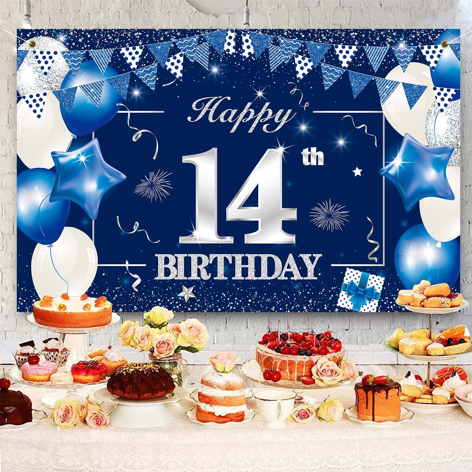 Happy 14th Birthday Banner 1,8x1,2 M – Party-Deko Hintergrund In Blau-Silber