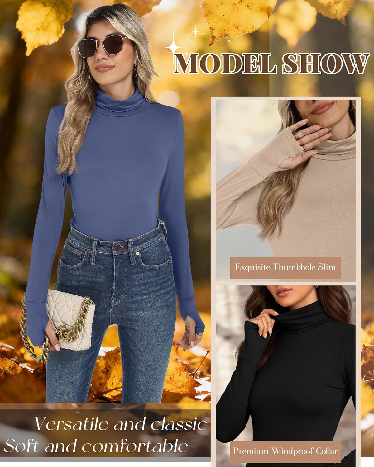 3 Pack Women's Long Sleeve Turtleneck T-Shirts, Thumbhole Slim Fit Base Layer Tops Mock Neck Thermal Underwears - Image 6