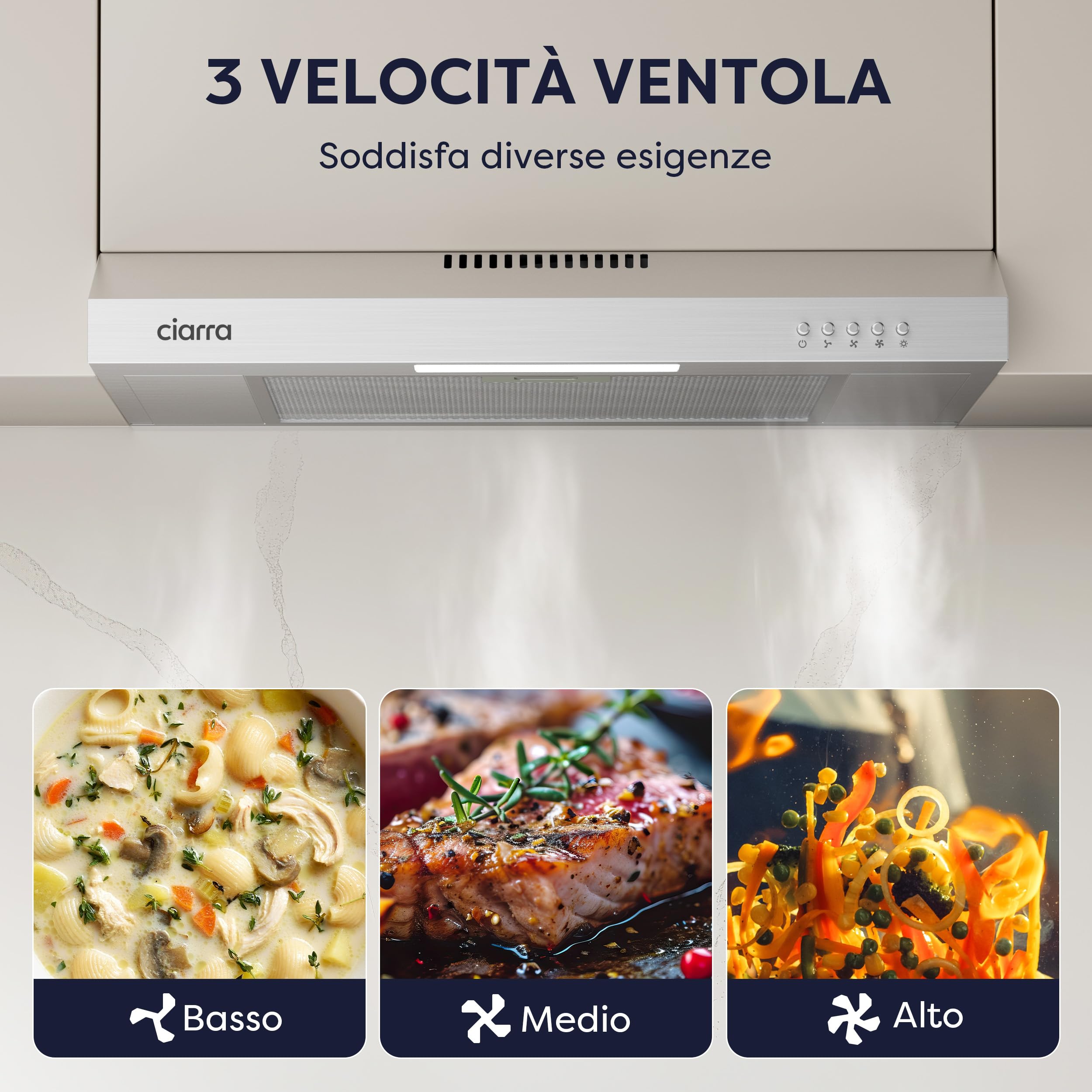CIARRA Cappa Aspirante 60 cm Sottopensile Cappa da Cucina con Pannello Argento LED Montaggio a Parete con Ventola Estrattore (Acciaio Inox)-CAW6903A