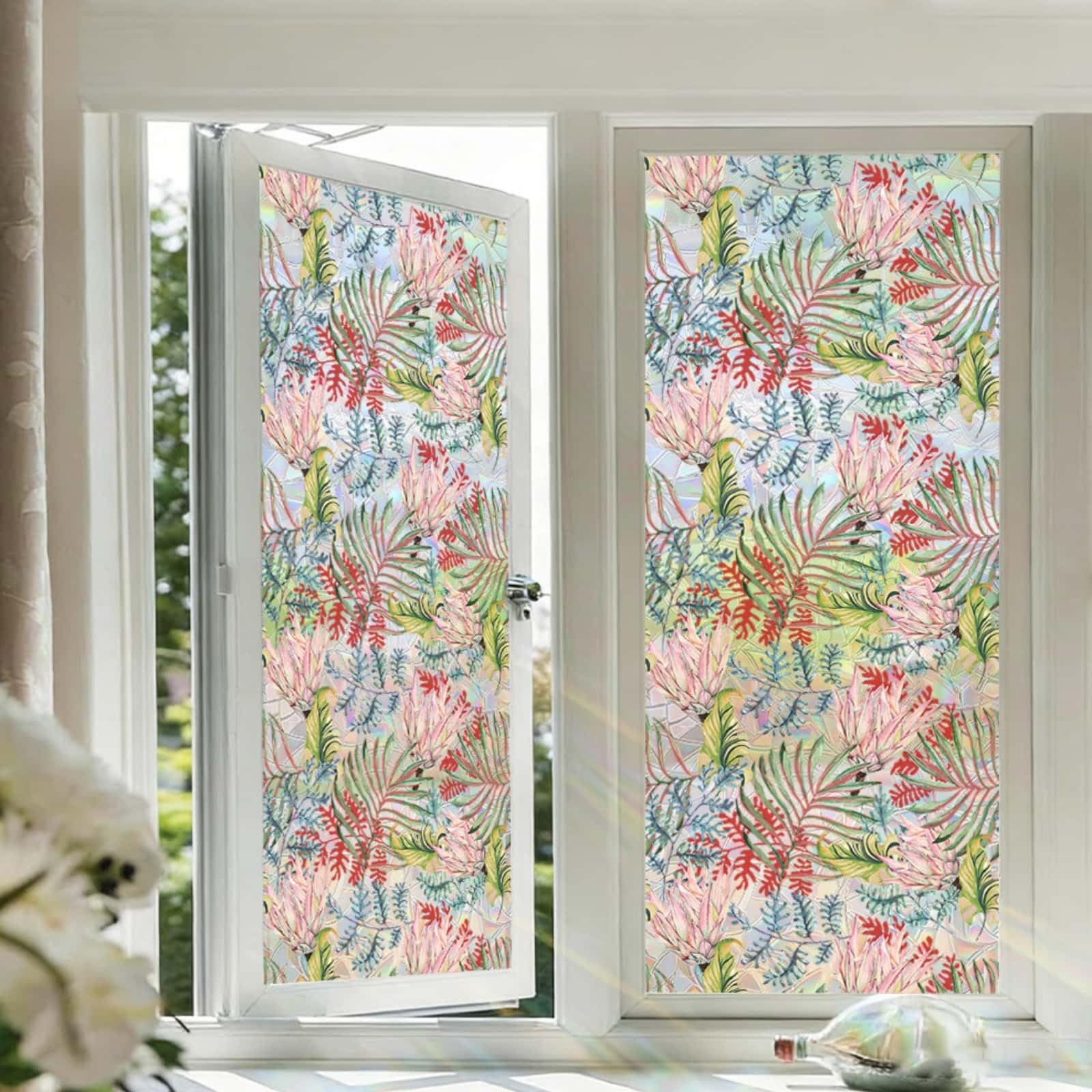 Window Film Privacy 43x100cm Pink Red Plants Privacy Film for Glass Windows Office Kitchen Living Room Bathroom Opaque Reusable Window Stickers for Glass