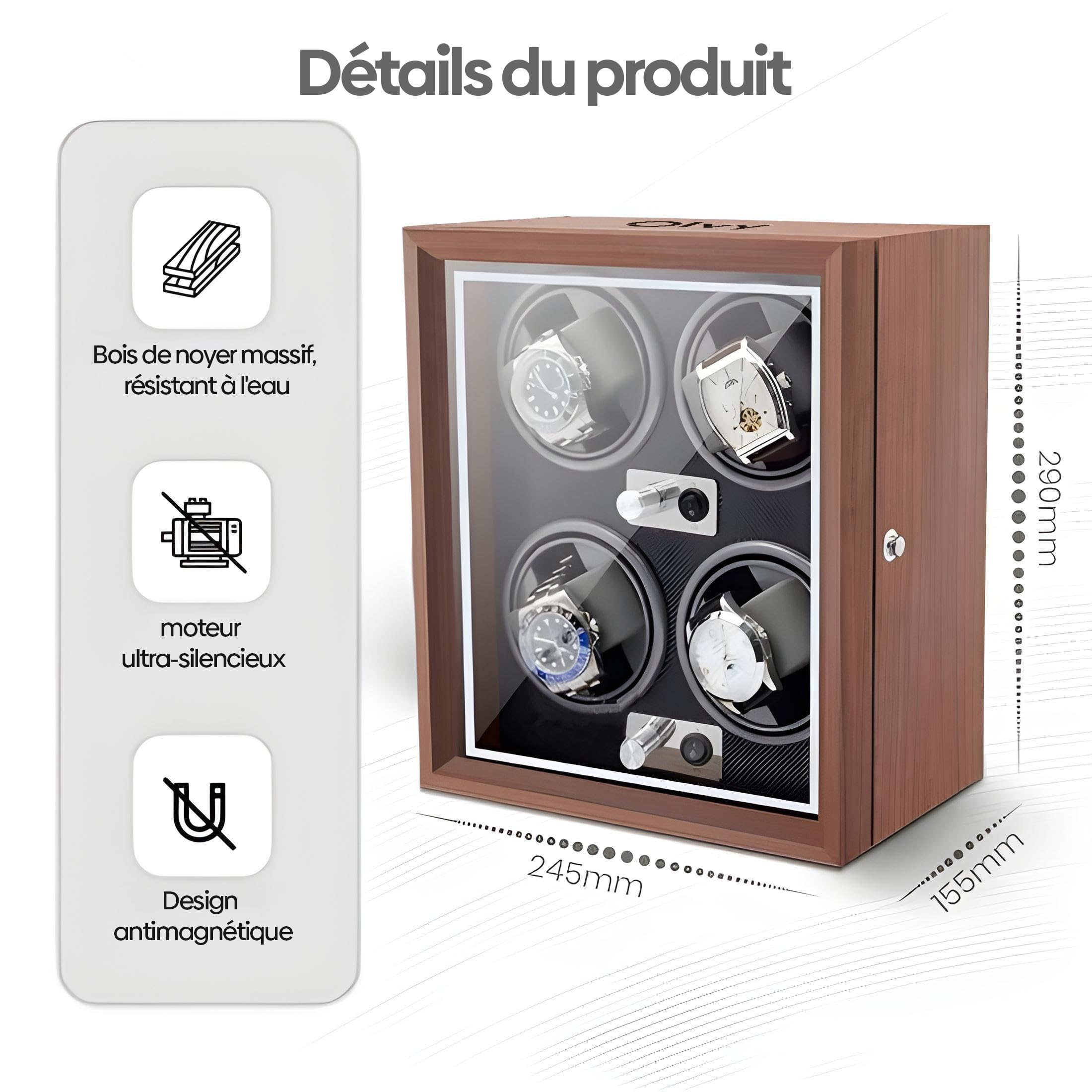 Olvy Remontoir pour 4 Montres Automatique, Boîte de Remontoir de Montre, Watch Winder, Moteur Extrêmement Silencieux, Coussin de Montre Flexible