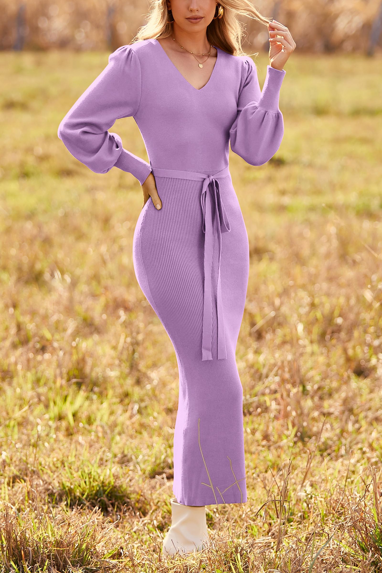 Winter Dress PRETTYGARDEN Women's V Neck Knit Sweater Dress - Long Lantern  Sleeve Maxi Bodycon Dress For Fall & Winter (Apricot, Black, Blue, Wine Red  & More) Womens Winter Dress