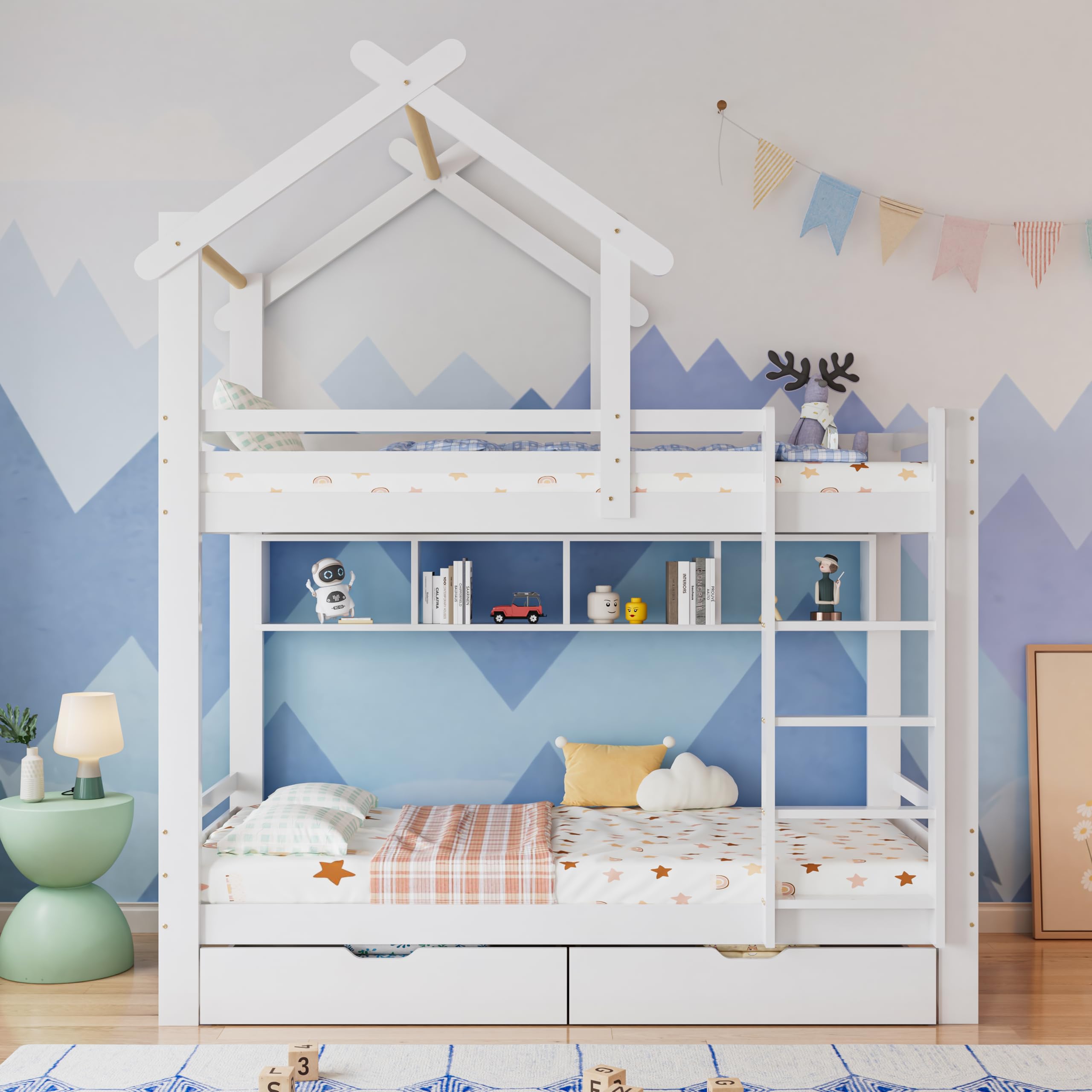 Cama Infantil, Litera Matrimonio 90x200, Litera para Niños con 2 Cajones y Estantes, Cama Altill con Escalera de Tres Peldaños y Tejado, Cama Altillo con Listones de Madera, Sin Colchón