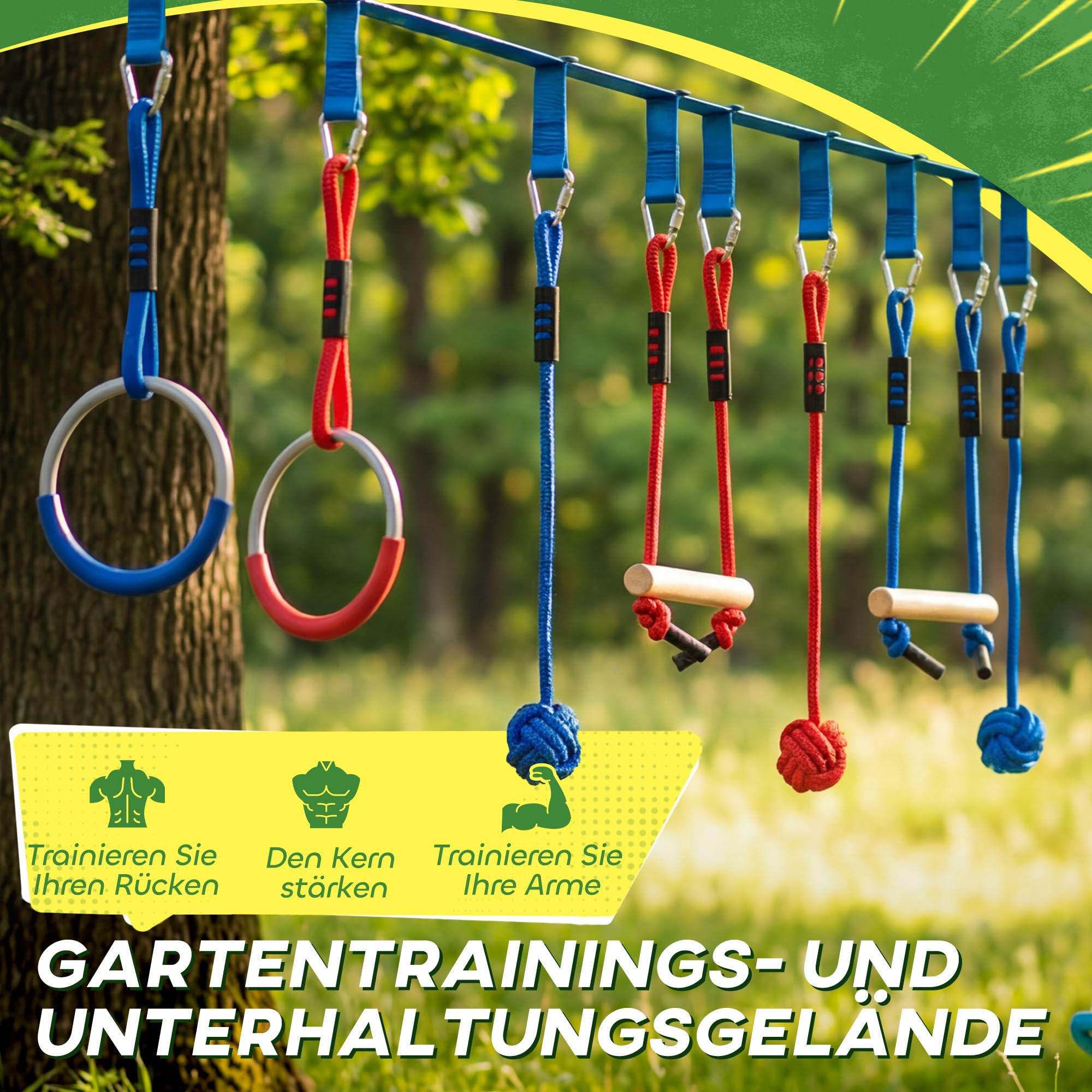 AIYAPLAY Ninja Line Kinder 10m 9-teilig Slackline Set mit 2 Turnringe, 3-in-1 Schaukel, 2 Kletterstange, Baumschutz, 2 Greifbällen, Tasche Outdoor Spielset Ausrüstung für 3-8 Jahre Kinder Mehrfarbig