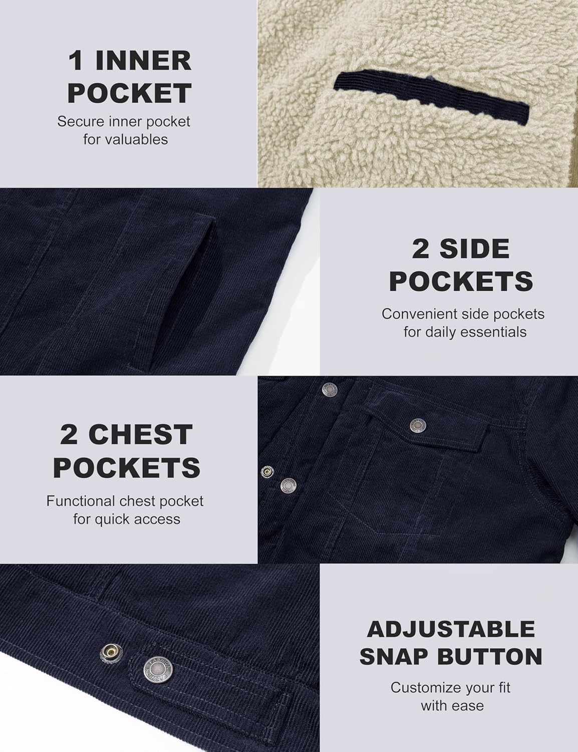 MAGCOMSEN Men's Corduroy Jacket Winter Sherpa Lined Warm Thick Trucker Cargo Coat with 5 Pockets - Image 6