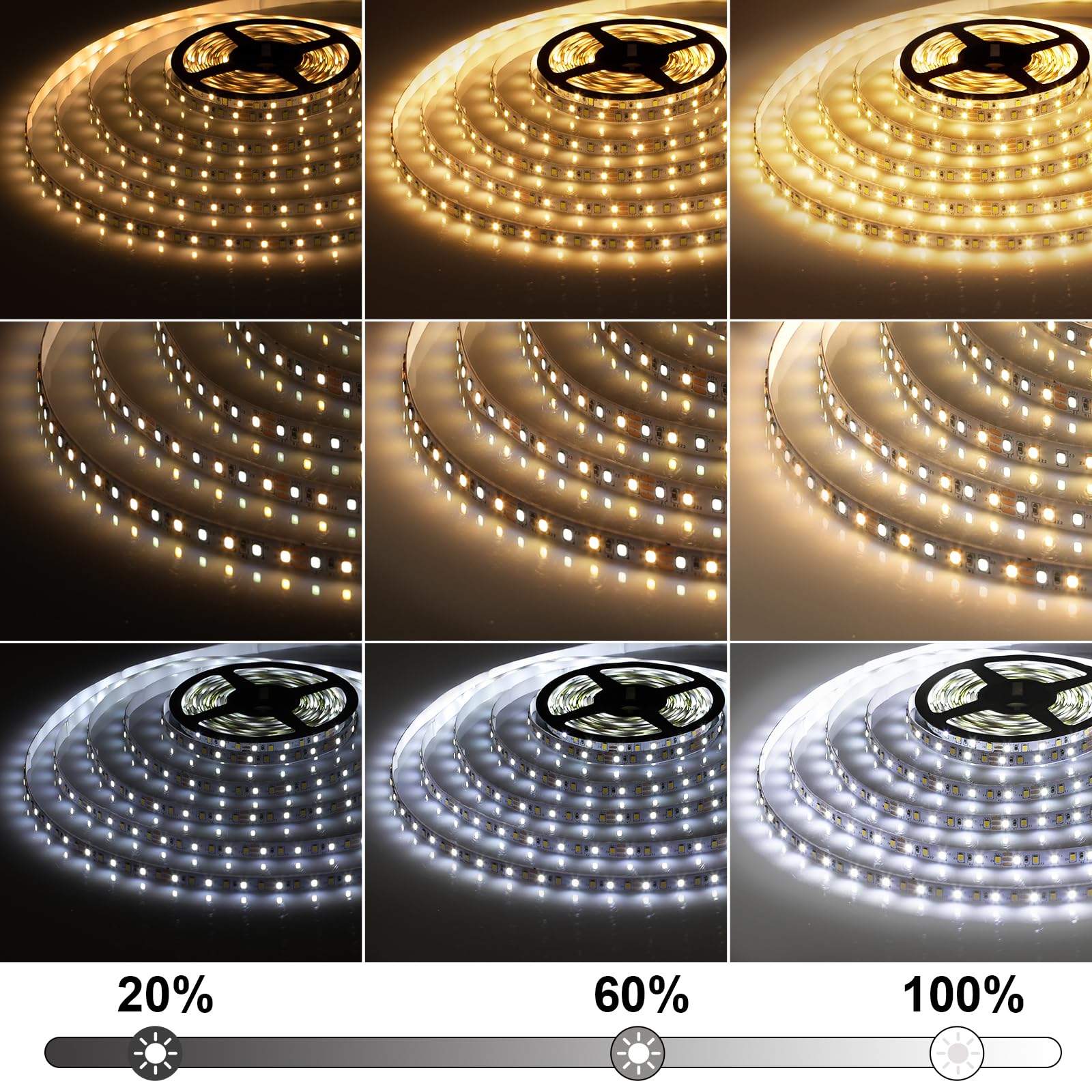 QENLAI 20ft LED Strip Lights, 2700K-6500K Tunable White LED Light Strip with Remote and Plug, 12V 720 LEDs Dimmable Flexible Cuttable Led Tape Light for Kitchen Under Cabinet Bedroom Ceiling Lighting