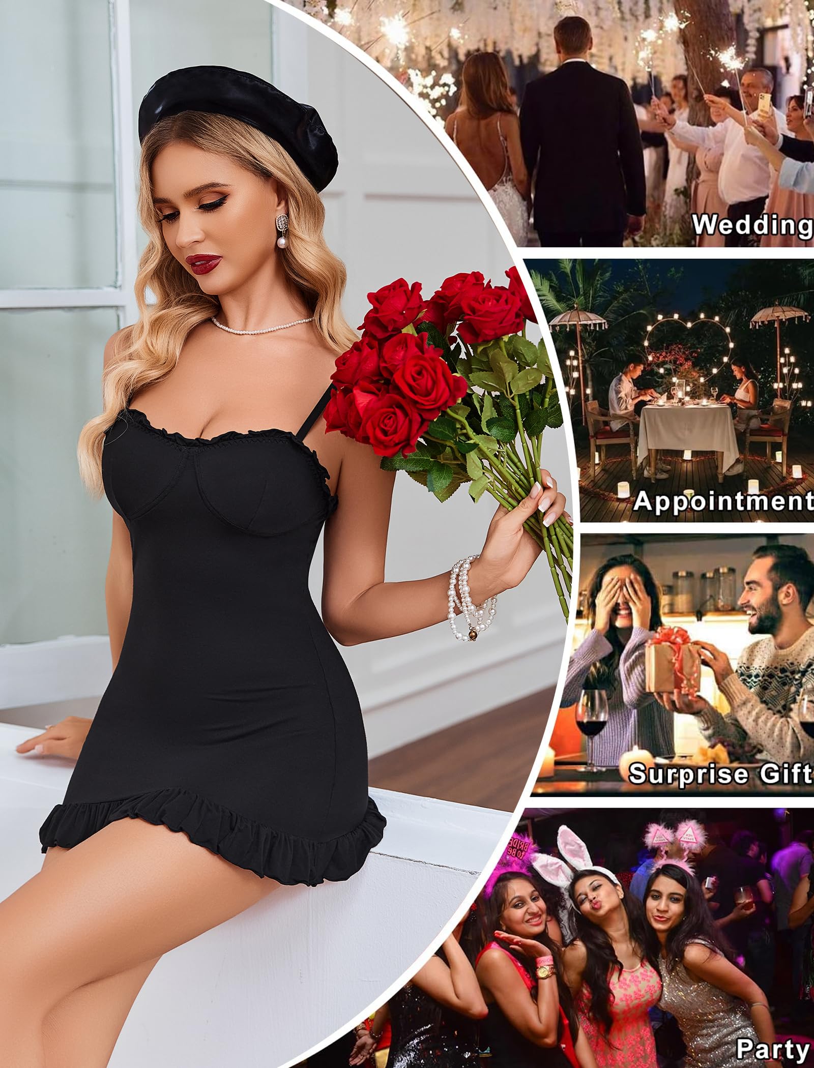 Avidlove Lingerie for Women Sexy Nightgown Babydoll Sleepwear Dress Ruffle Full Slip Modal Bodycon Chemise Nighties S-XXL: Black Large