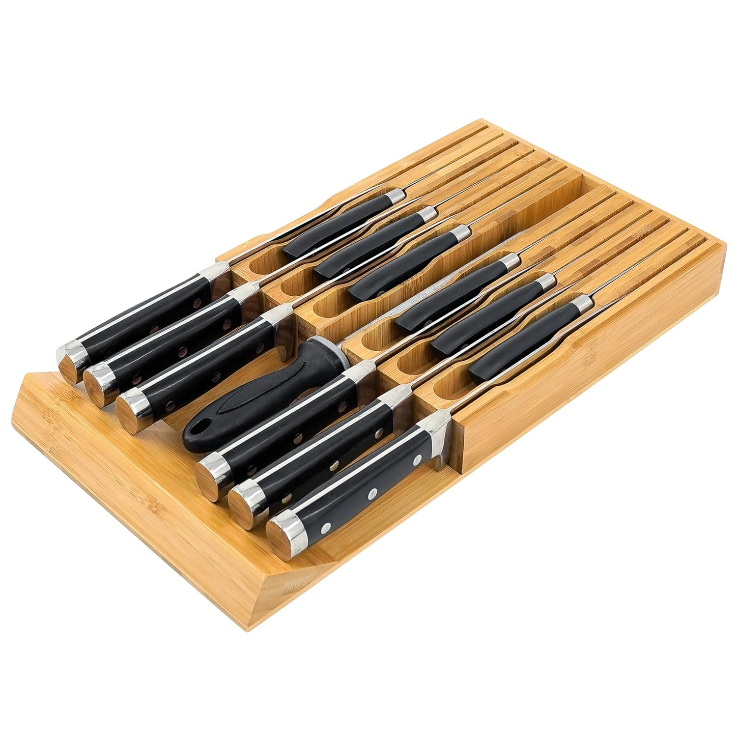 VaeFae Bamboo Knife Drawer Organizer Knife Drawer Organizer Insert Kitchen Drawer Knife Block for 12 Knives and a