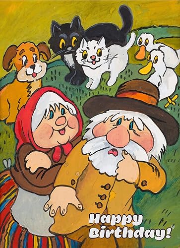 PIXILUV Tarjeta de felicitación de feliz cumpleaños  Pareja vieja con sus animales  Deseos de cumpleaños Vintage Tarjeta de felicitación grande arte