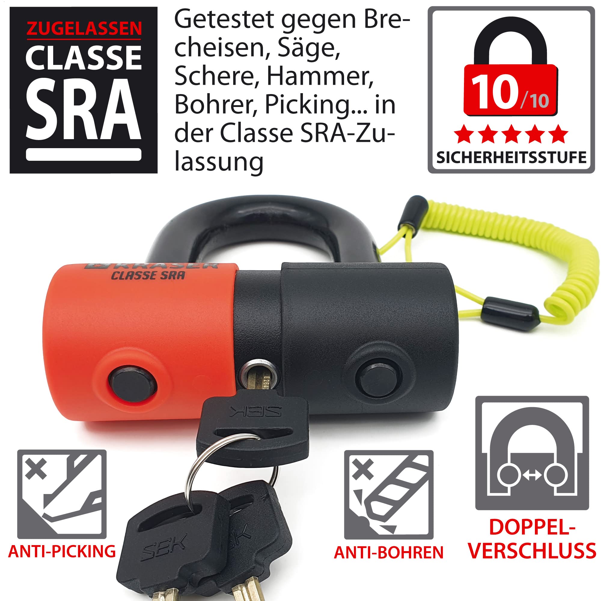 KRASER KR50 Diebstahlsicherung Motorrad Bremsscheibenschloss SRA Homologiert genehmigtes Vorhängeschloss Scheibenbremse Solid Mini U Ø18 + Erinnerungskabel, Anti-Diebstahl Motorradschloss Motorroller