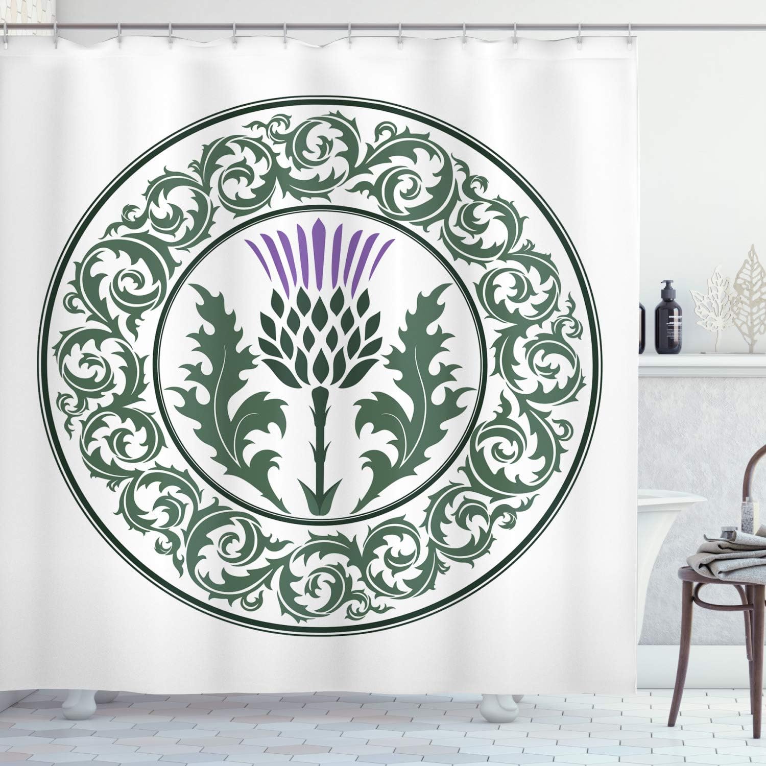 Ambesonne Thistle Shower Curtain, Floral Ornamented Round Leaf Thistle as Symbol of Scotland, Cloth Fabric Bathroom Decor Set with Hooks, 69" W x 75" L, Reseda Green Lavender Dark Green