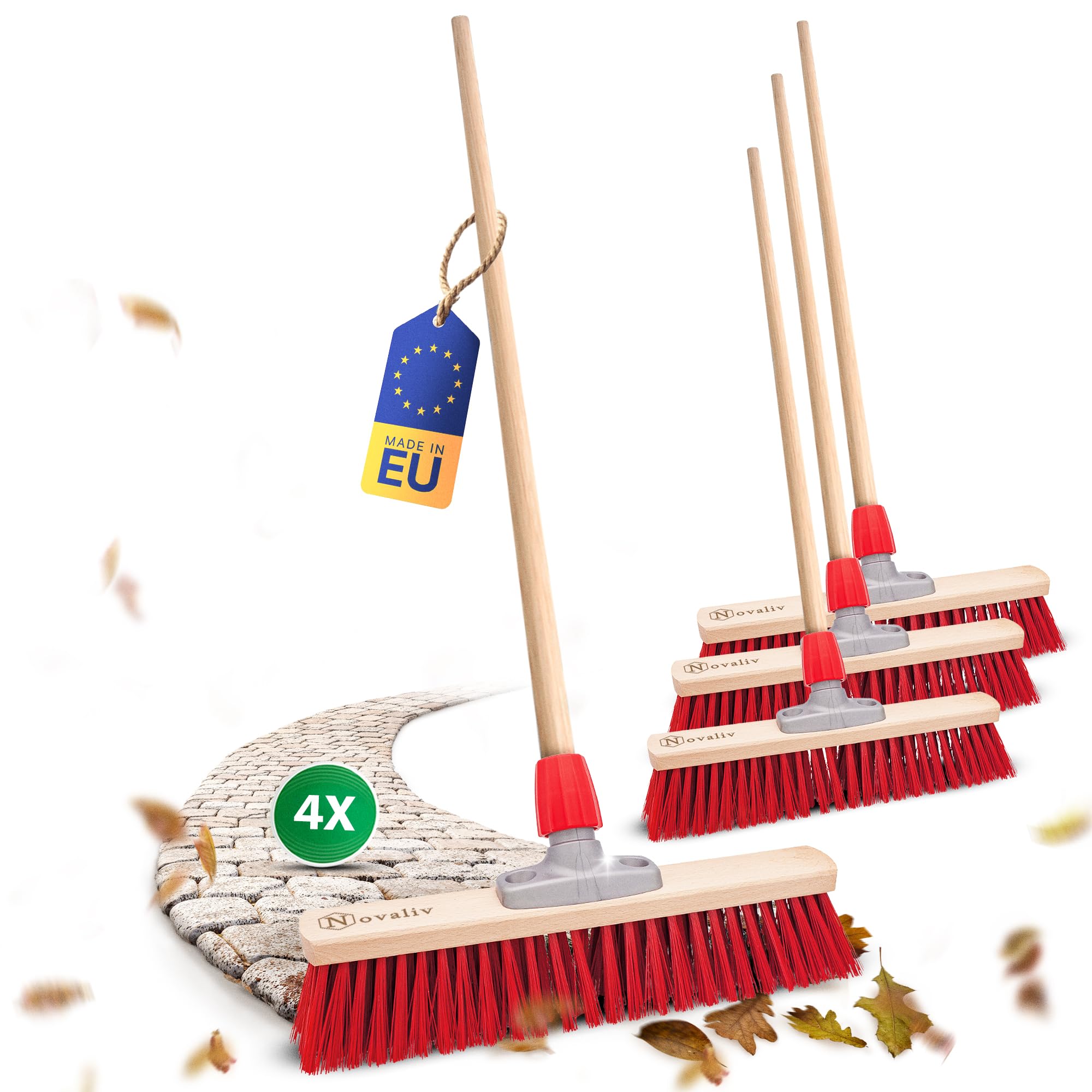 Novaliv 4X Straßenbesen 50 cm mit Holzstiel I Elaston rot I Besen für draußen I Industriebesen Gartenbesen mit Stiel Schneebesen Allzweckbesen Stallbesen Winterbesen