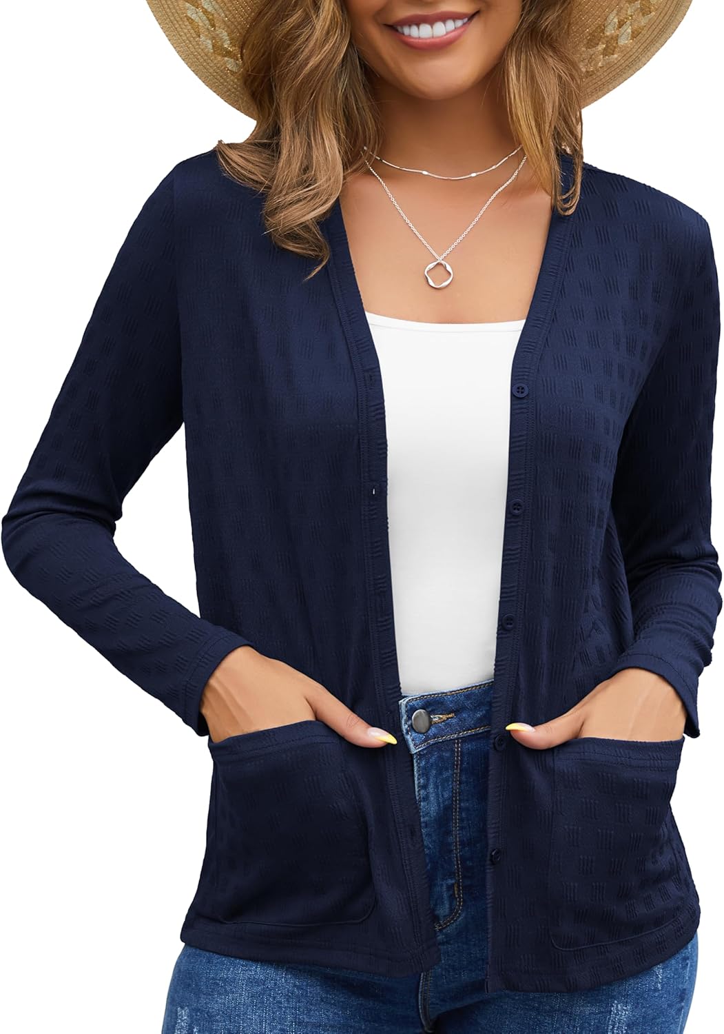VIISHOW Women's Fall Cardigan Lightweight Long Sleeve V-Neck Open Front Button Up Loose Textured Cardigans with Pockets - Image 2