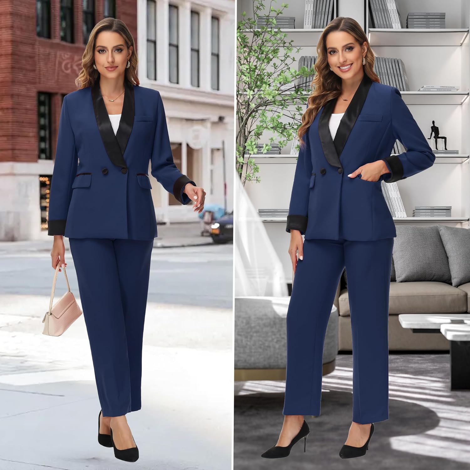 Women's Pants Suit 2 Piece Set Smil Fit Jacket Shawl Sollar Blazer Dress for Women - Image 2