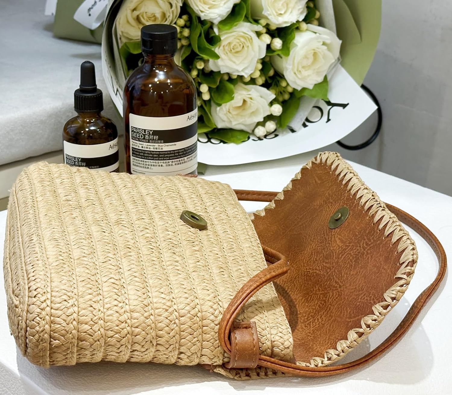 AsomeStretch 女性用ストロークロスボディバッグ、女性用ストローパース、2023トレンディ、シックな織物ハンドバッグショル