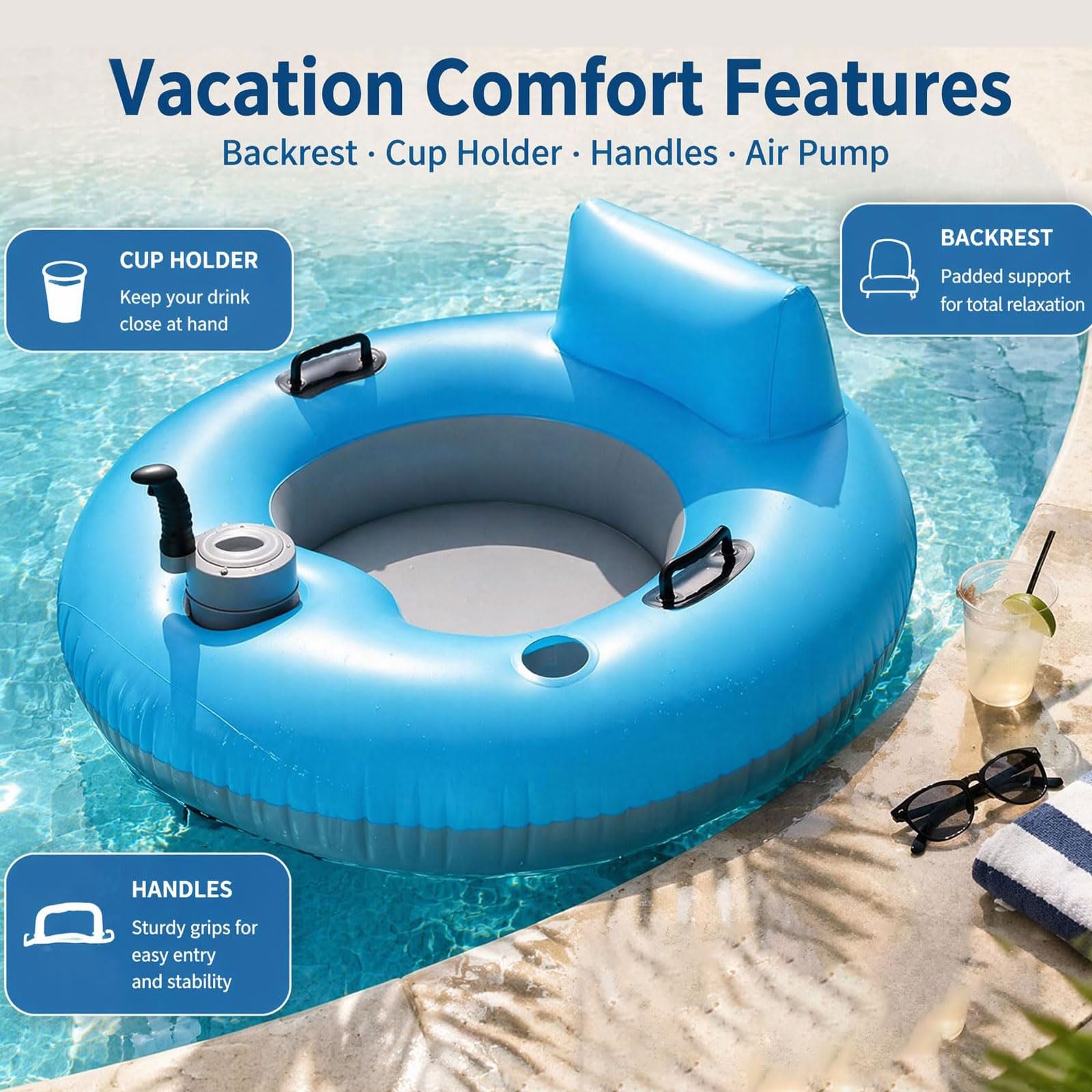 Tumbona motorizada para piscina con bomba de aire eléctrica y portavasos, silla de agua de hélice para lagos y playas, perfecta para vacaciones de verano
