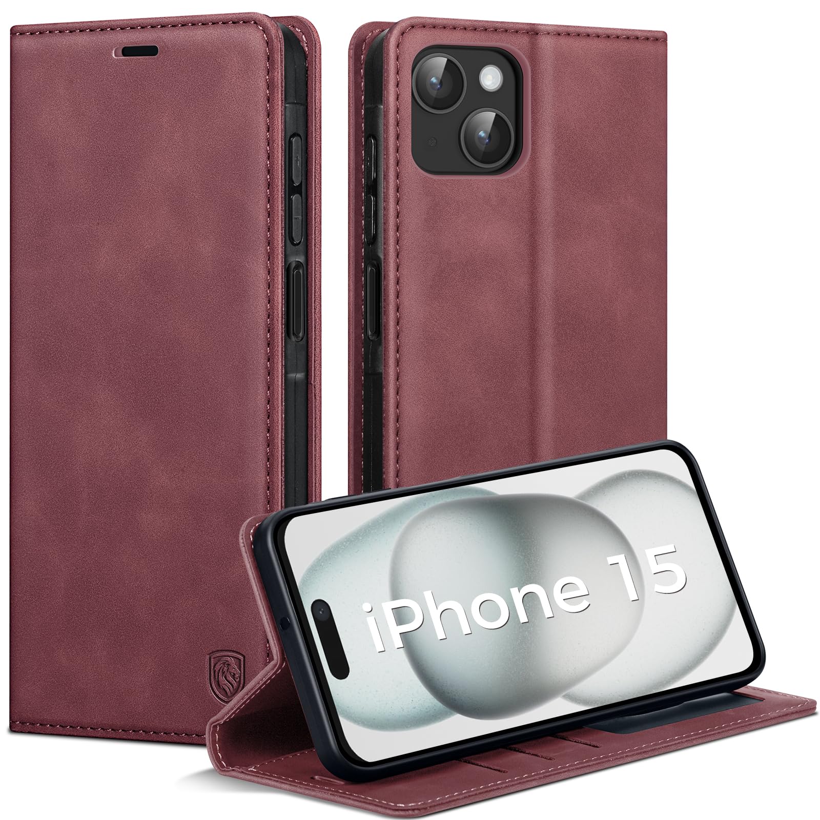 AIMOYU Handyhülle für iPhone 15 Hülle, Premium PU Leder Flip Case [RFID Blockierung] Magnet Tascher Kartenfach Standfunktion Schutzhülle für iPhone 15 Klapphülle, Weinrot
