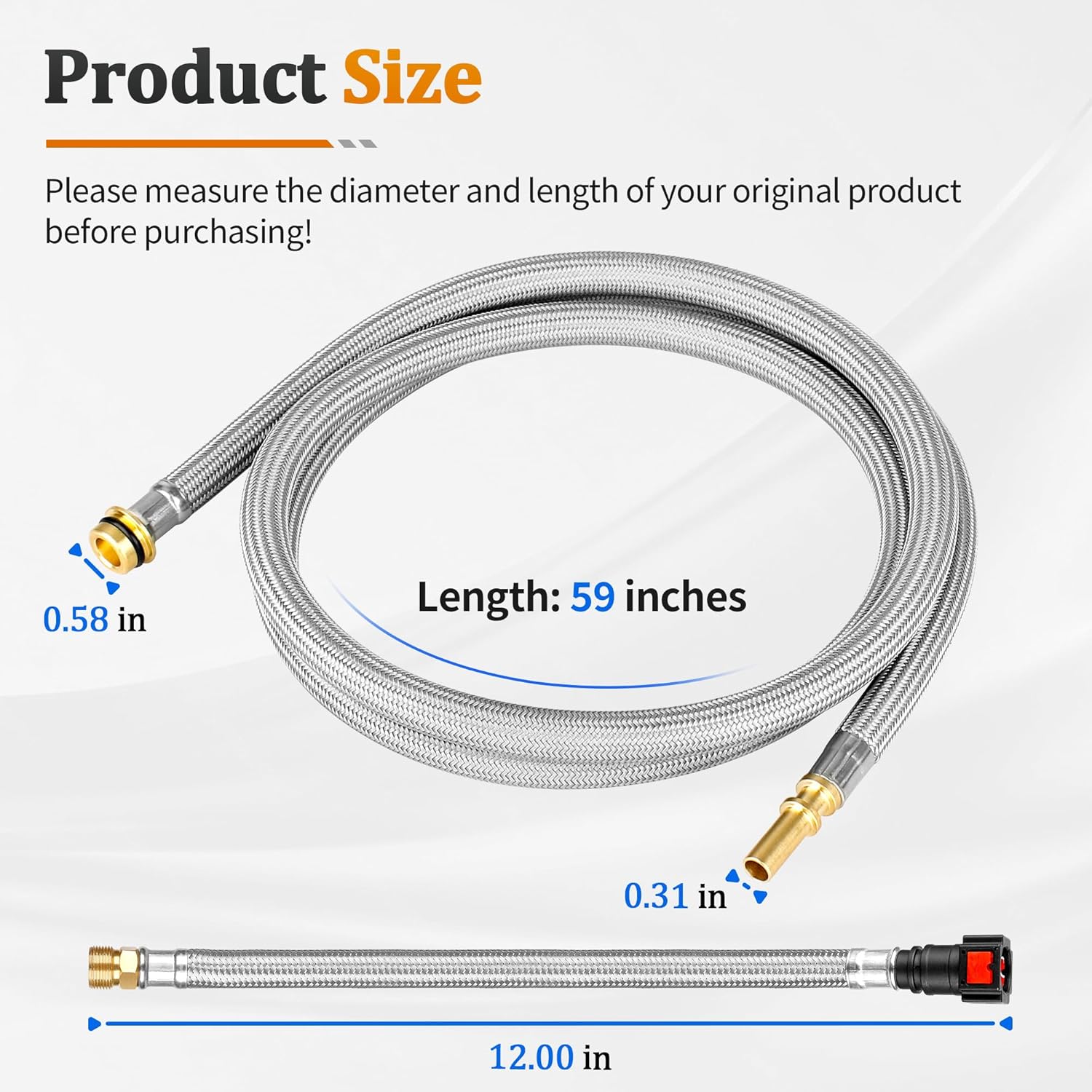 88624000 Pull-out Hose Combo Kit, for Hansgrohe Kitchen Faucets Spray Hoses Replacement Part 95507000 95506000,59-inch Length Pull-down Spray Hose with Brass Connectors, and 10.5-Inch QuickConnector