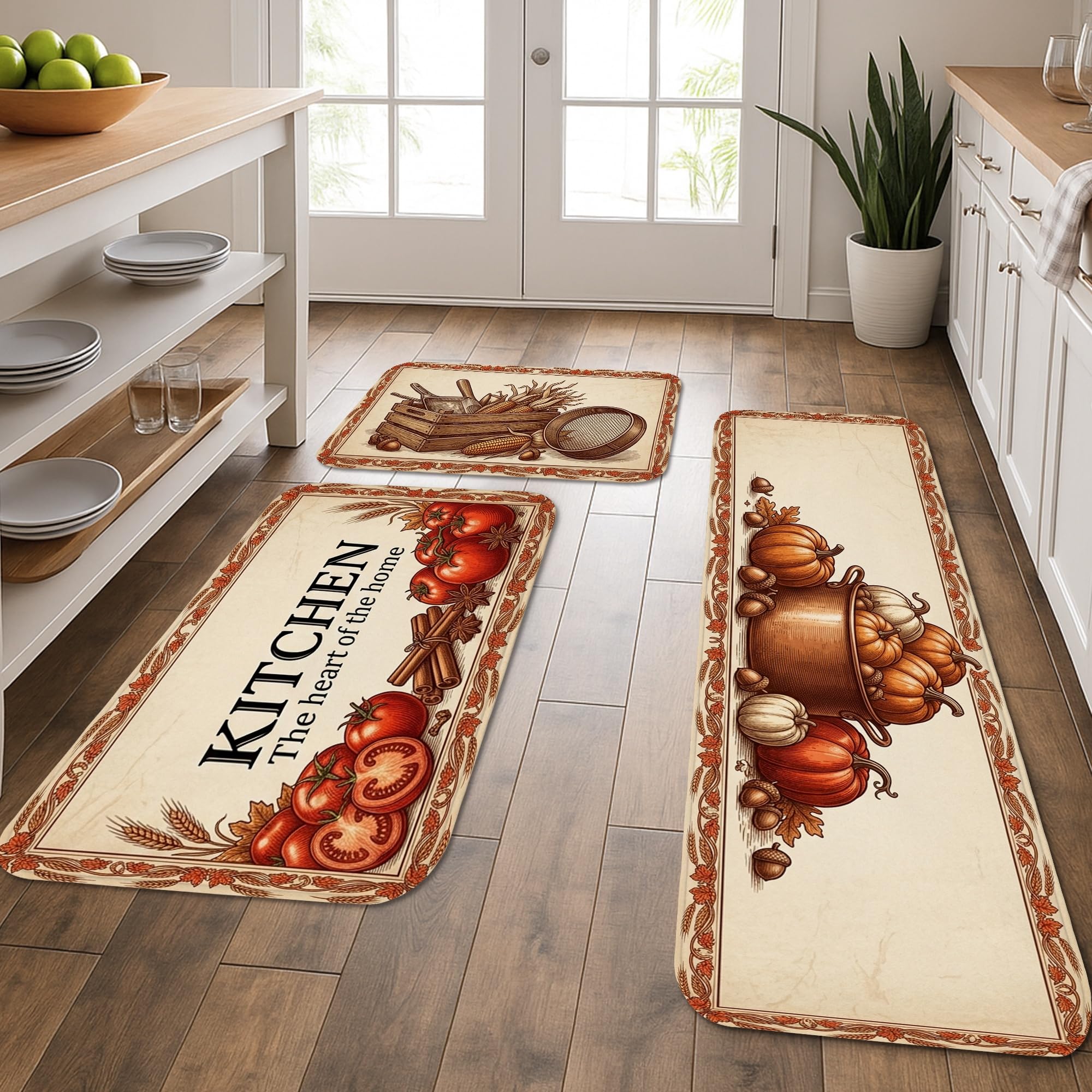 Tapis de cuisine lot de 3 motif citrouilles d'automne beige et fleurs rustiques lavables