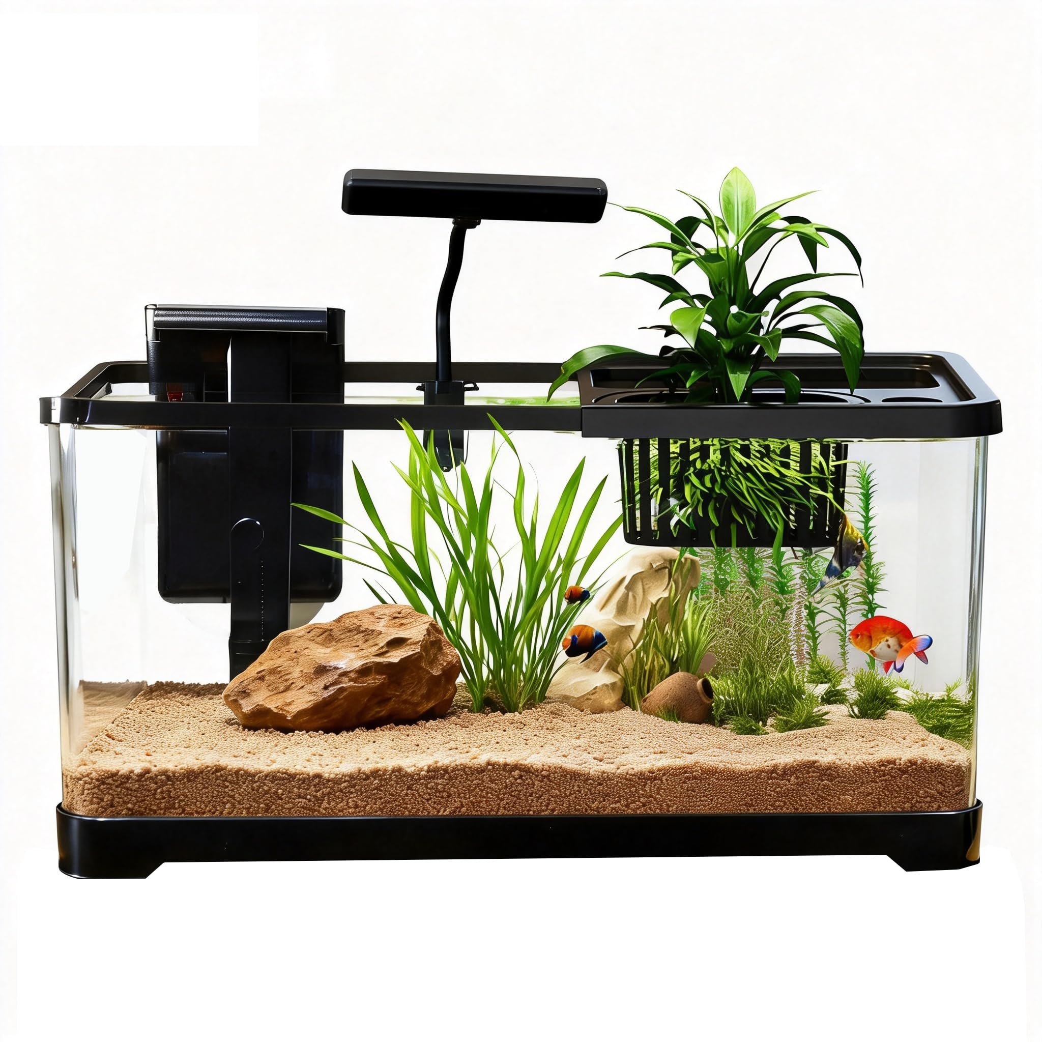 Aquarium-Starter-Set aus Kunststoff mit Filter, kleinem Netz und LED-Licht, für Betta, Nano-Aquarium aus Kunststoff mit Deckel (47 x 20 x 20,50 cm/schwarz)