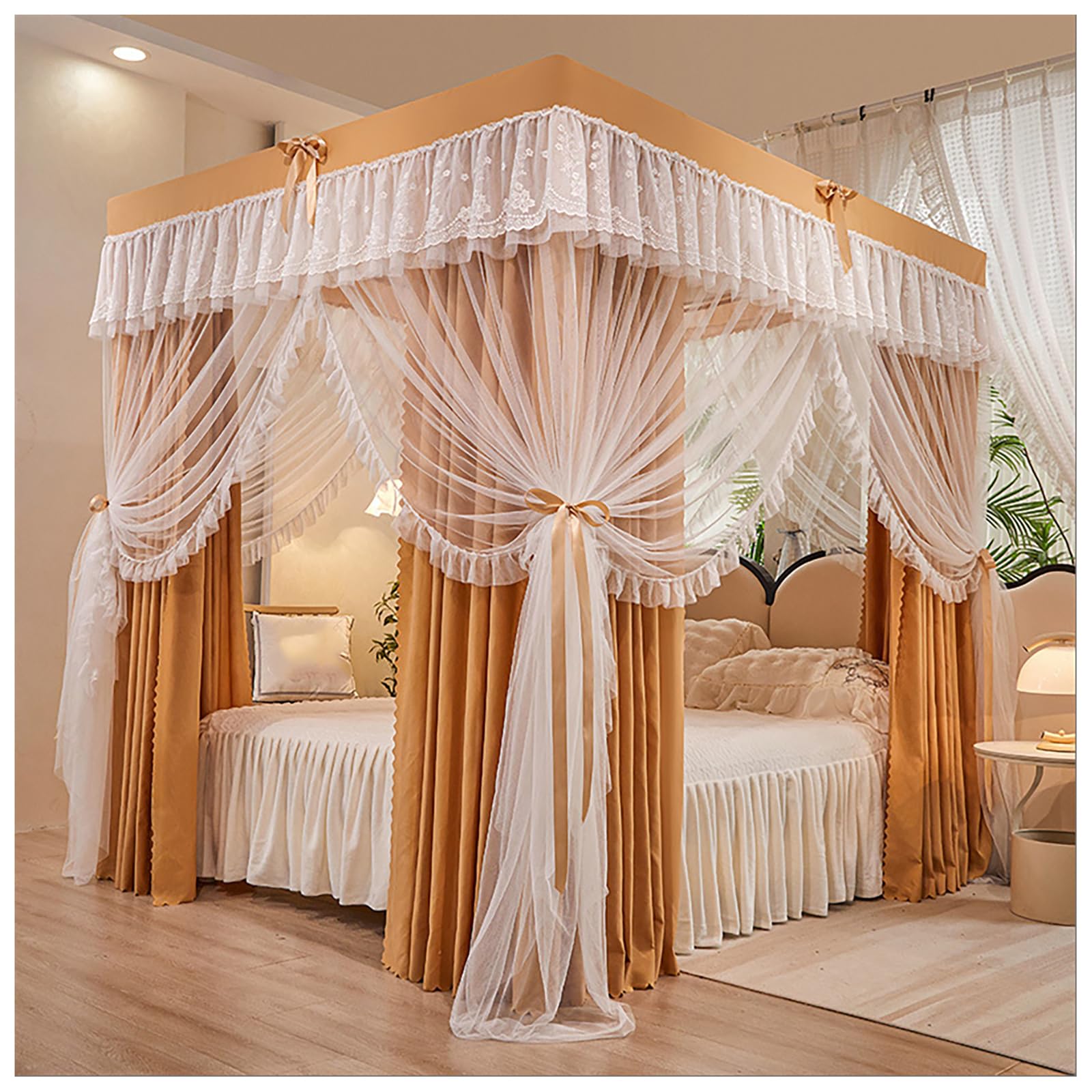DOUZIO 4 Poster Bed Canopy with Frame – Princess Canopy for Girls Bedroom Decor, Mosquito Net Bed Canopy Set with Curtains, Fits Double/King/Super King Size Bed(Size:180×200cm,Color:Yellow)