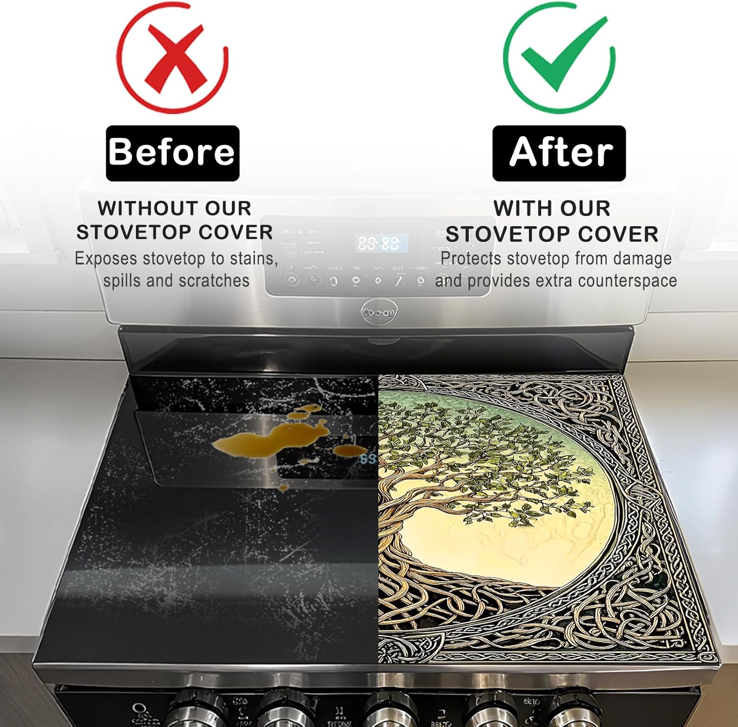 Nuxovilar Stove Top Cover for Electric Stove, 20x28 Inch Polyester Glass Cooktop Protector with "Tree of Life"pattern Design, for Kitchen Decor & Daily Use