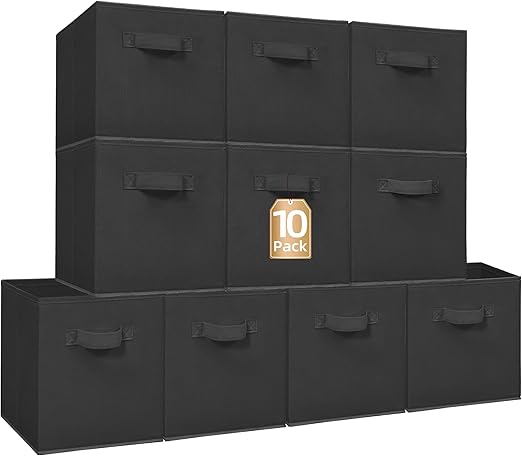 STORAGE MANIAC Storage Cubes, 11 Inch Collapsible Storage Bins with Handles, 10 Pack Fabric Foldable Bins for Organization, Durable Storage Bins for Closet, Shelves, Offices, Toys, 10-Pack Black