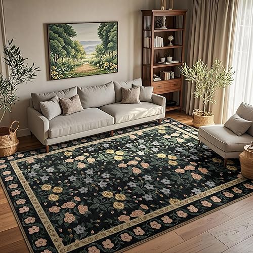 Miniatura 16 de Alfombra floral lavable para sala de estar, alfombra grande de 9 x 12 pulgadas, color rosa, bohemio, resistente a las manchas, con flores botánicas
