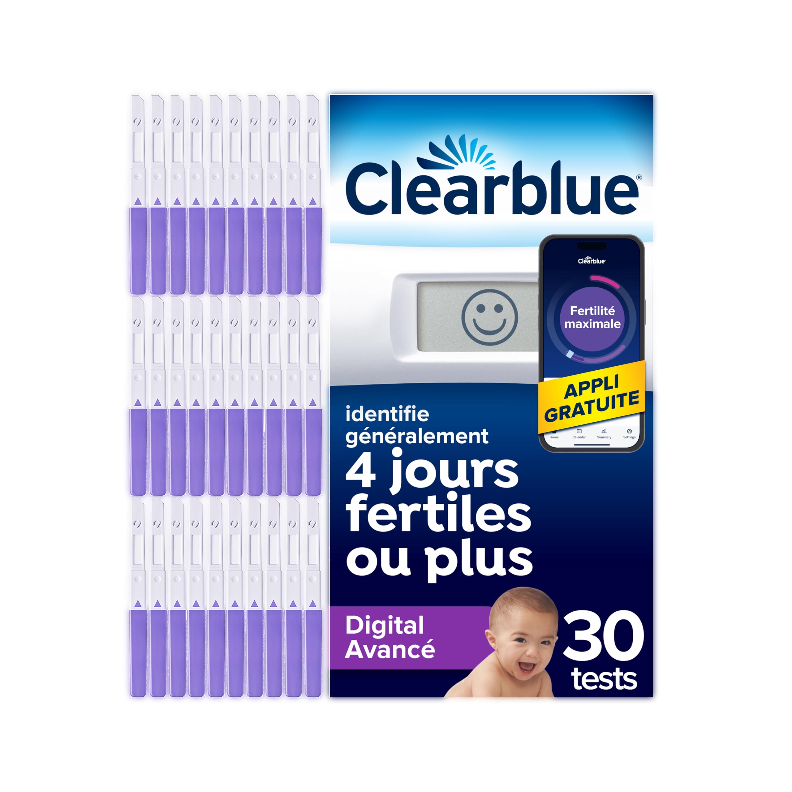 Clearblue Test d'Ovulation Digital Avancé, 1 Appareil et 30 Tests, Identifie 4+ jours fertiles