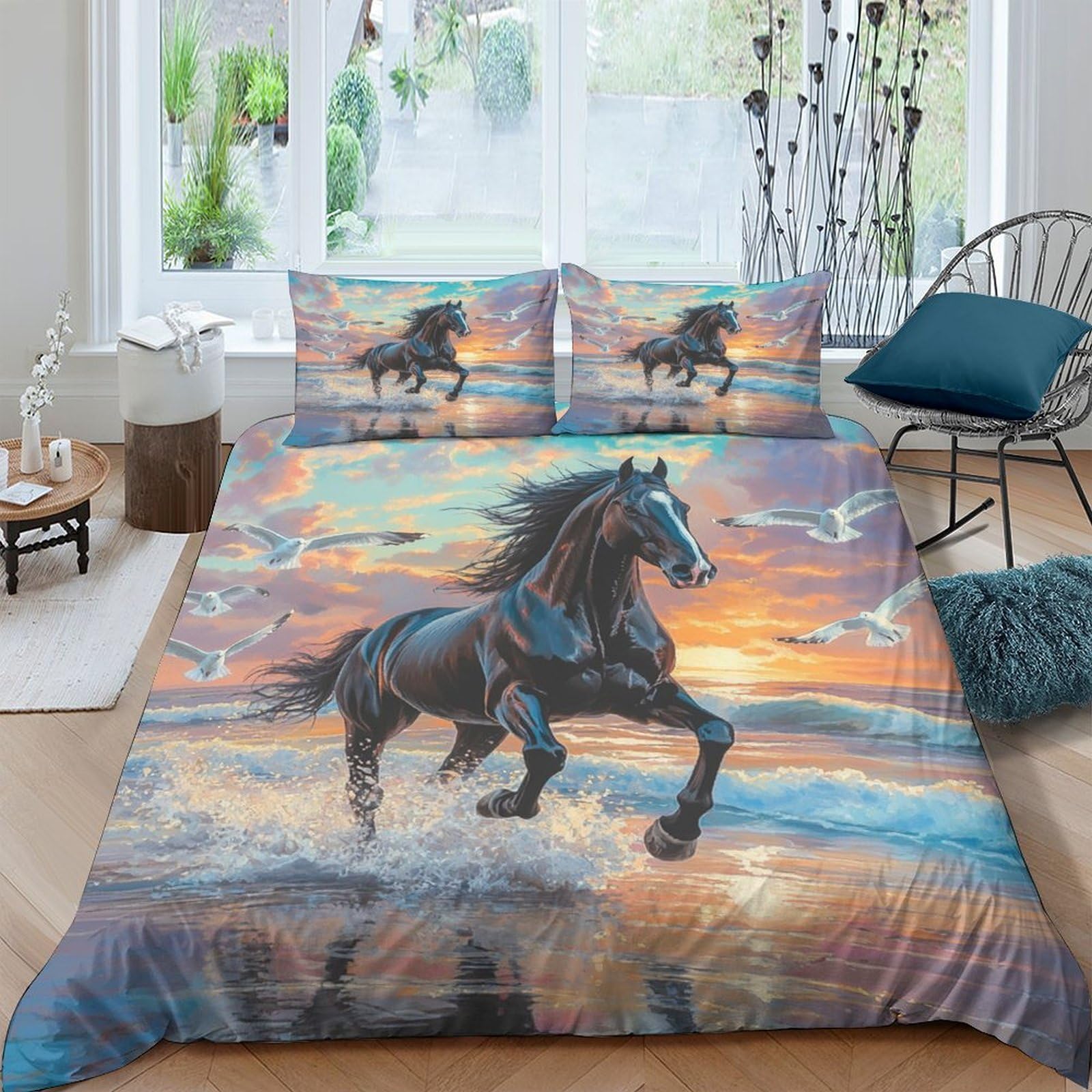 Ctjqhvkz Style-2 3D Printed Black Horse Fitted Sheet Microfiber Soft Breathable Sunset Beach Mattress Cover For Bedroom Guest Dorm Decor Single（135X200cm）