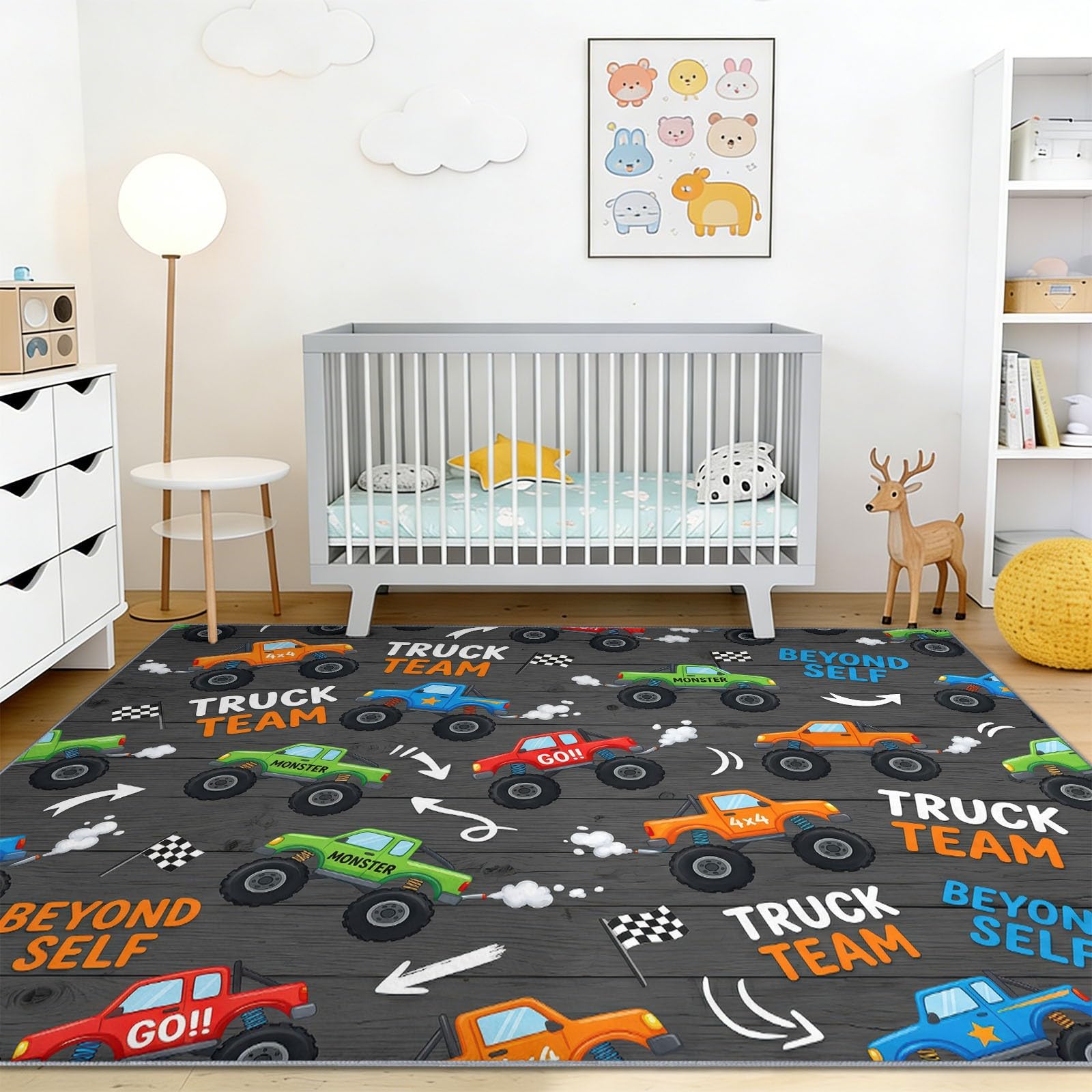 Cartoon Tapis Salon - Lavable Tapis Imprimé, Camions Pneus Mots Manuscrits Flèches - Doux Moquette pour Chambre, Tapis Descente De Lit Antidérapant, Salle à Manger - Gris Foncé 140 x 200 cm
