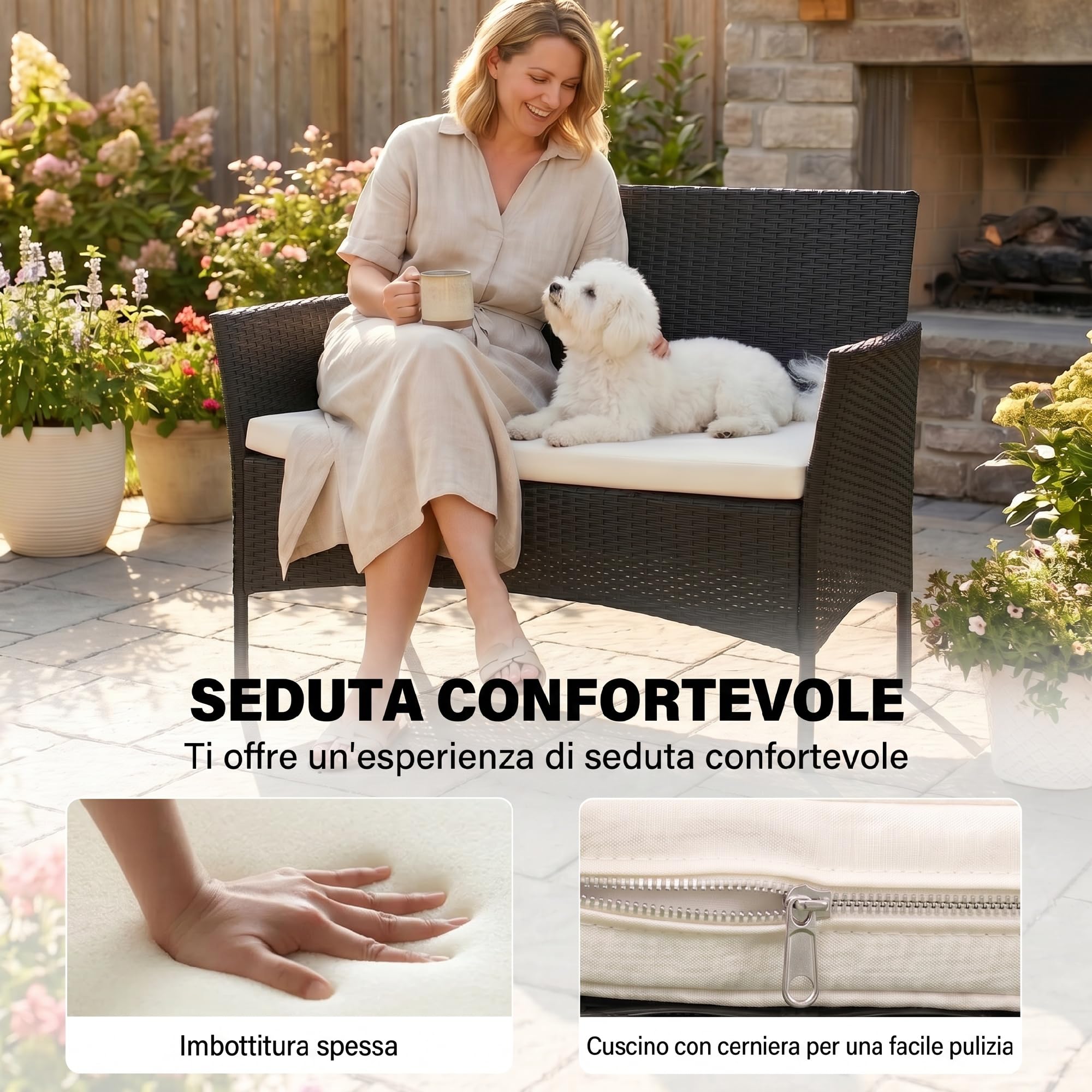 Outsunny Canapé de Jardin en rotin PE et Acier, Canapé d'extérieur 2 Places avec Coussin et accoudoirs, 100x54x80cm, Noir