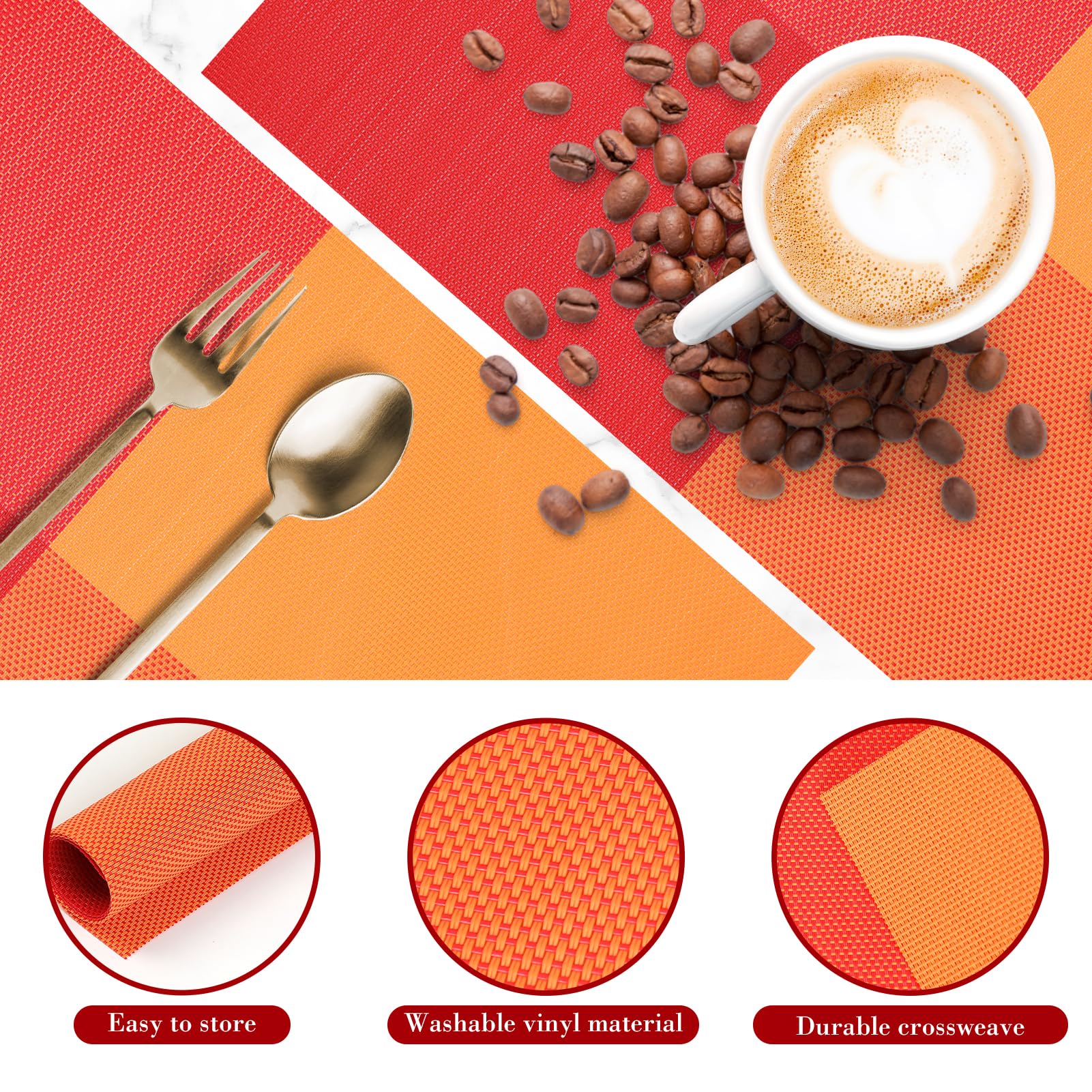 SueH Design Abwaschbar Tischsets 8er Set, Gewebte Platzsets 45x30cm, Rot | Waschbar Platz-Matten Vinyl Platzdeckchen, Rutschfest Abgrifffeste Hitzebeständig Antifouling, für küche Speisetisch Hotel