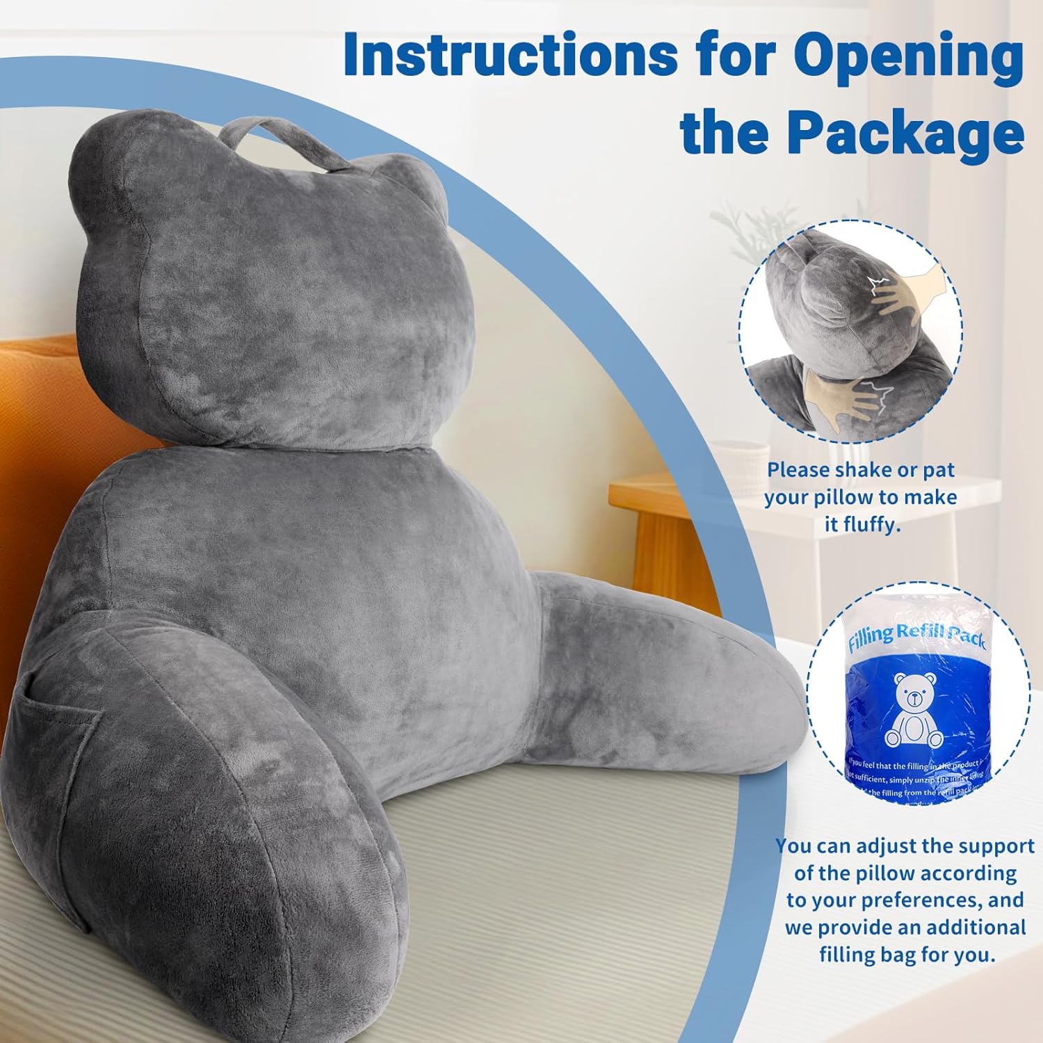 Reading Pillow, Back Pillow with Pockets for Bed Sitting Up, Large Reading Pillows for Sitting in Bed Adult, Back Pillow for Reading/Resting - Image 6