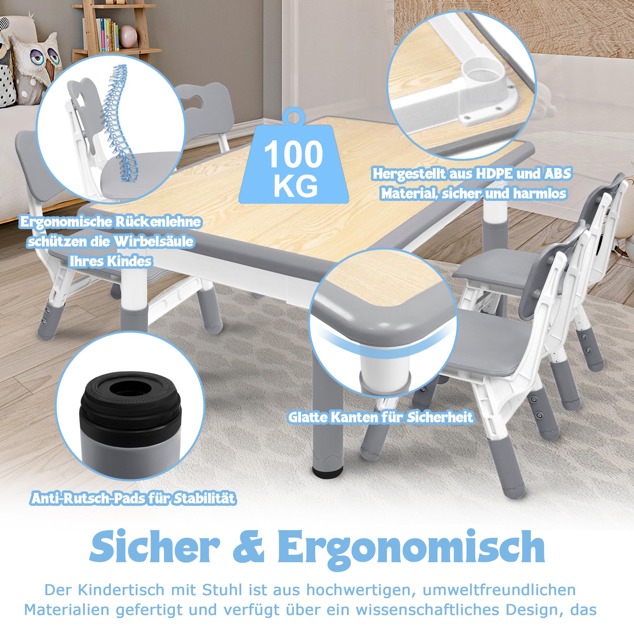UISEBRT Kindertisch mit 4 Stühlen Kindersitzgruppe Höhenverstellbar Sitzgruppe für Kinder ab 2 Jahre, Tischset aus Kunststof Kindermöbel für Kindergarten und Kinderzimmer, Grau