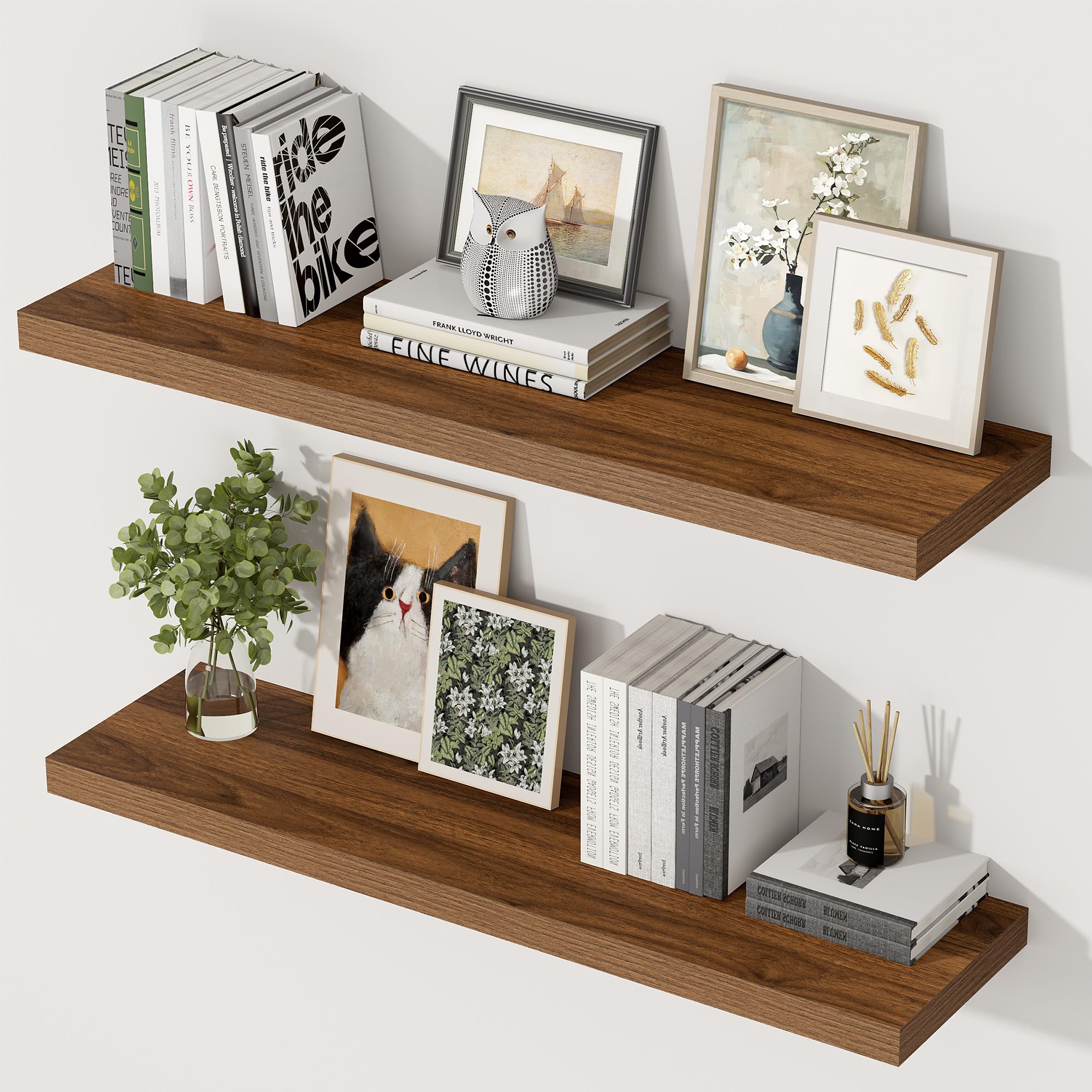 29.5cm Deep Floating Shelves for Wall, 90cm Walnut Floating Wall Shelves, Long Wooden Wall Mounted Shelving, Extra Wide Storage Shelves for Kitchen, Bathroom, Living Room & Bedroom Organizer, Set of 2
