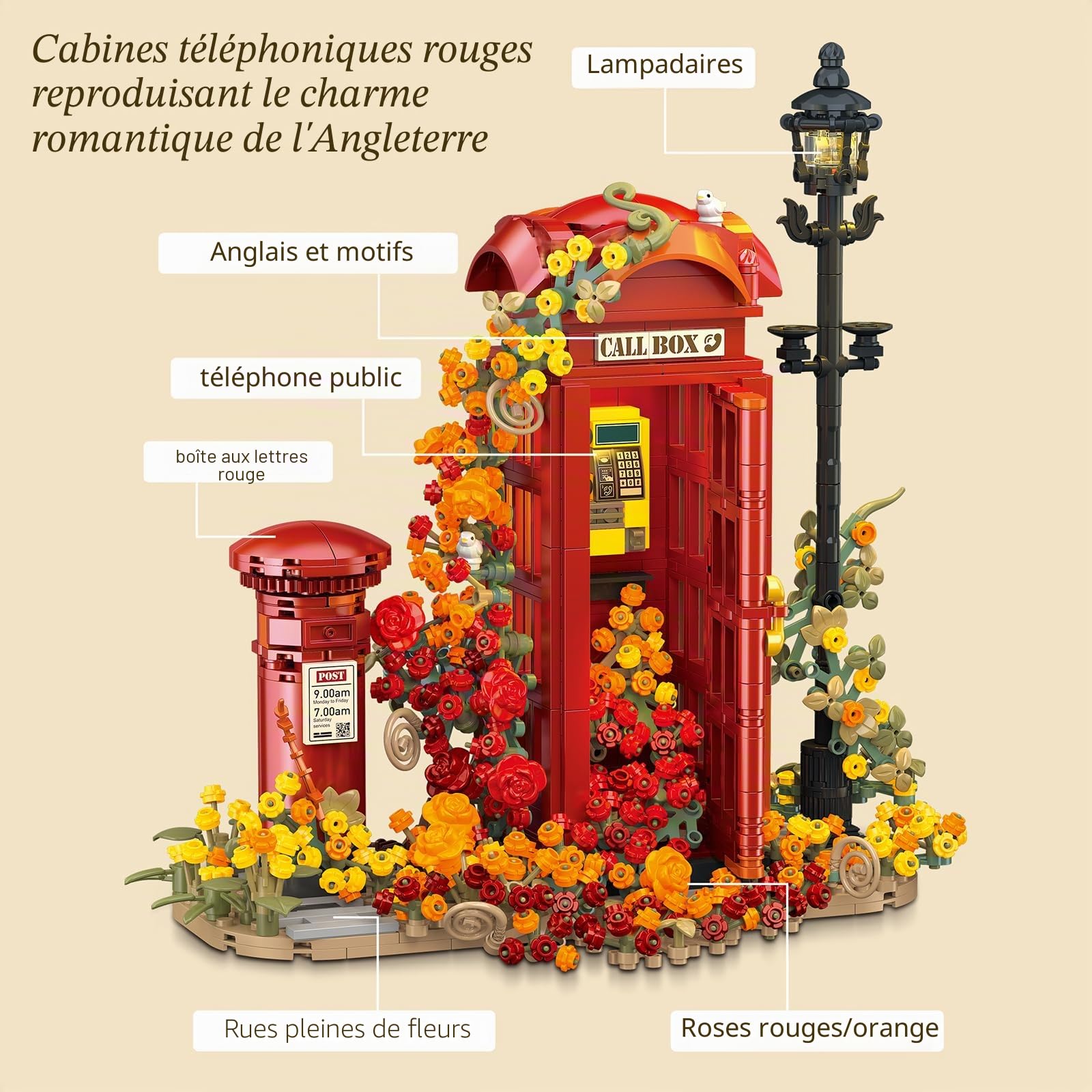 MEIEST Ensemble de blocs de construction de cabine téléphonique londonienne rouge pour adultes, idées de fleurs, cabine téléphonique, boîte aux lettres et lampadaires, cadeau créatif pour la maison